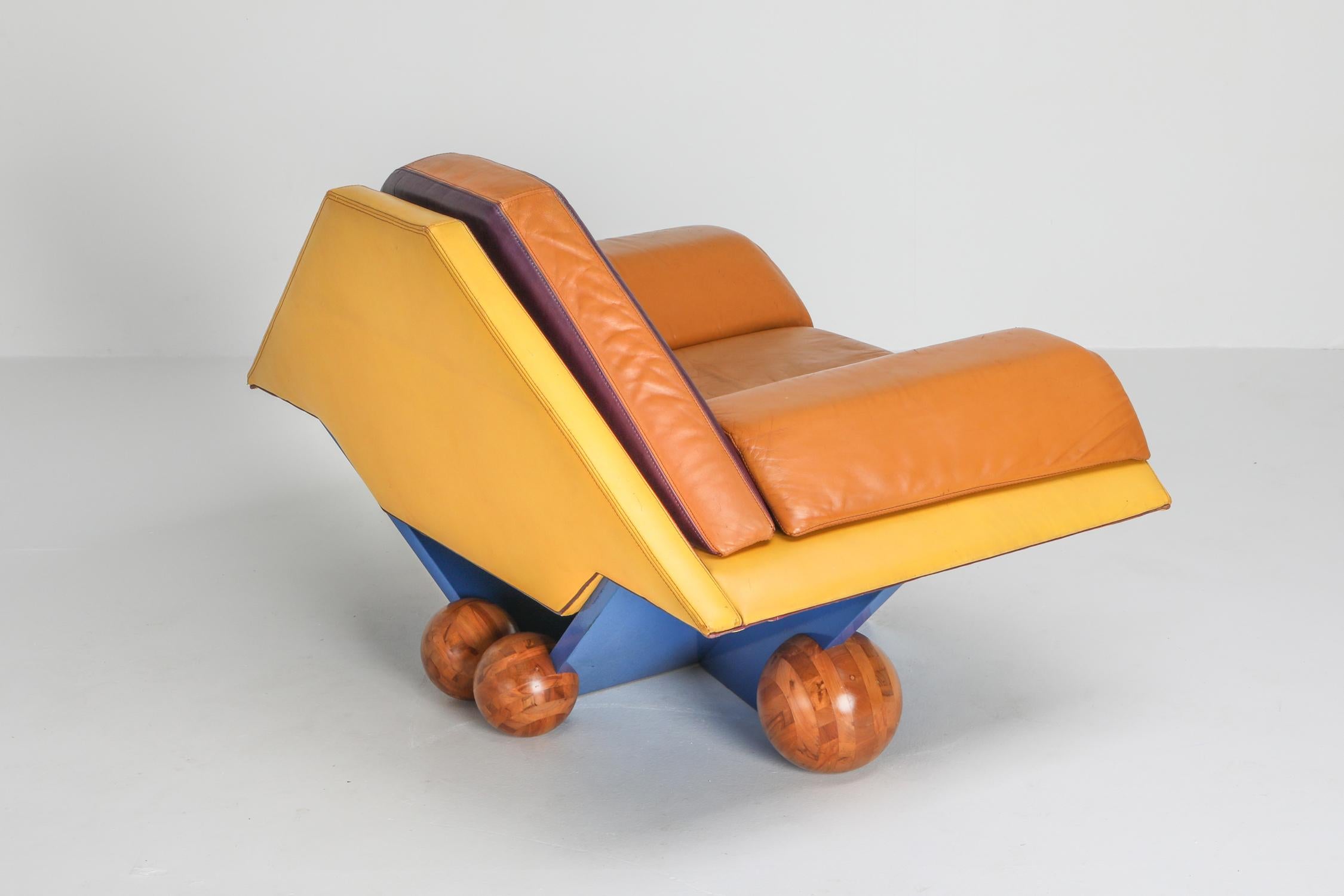 Leather Postmodern Rosenthal Multicoloured Diamond Shaped Club Chair, 1980s For Sale