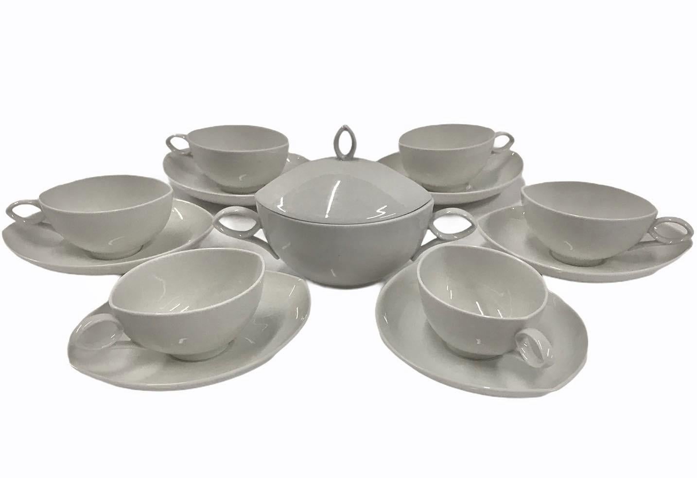 Reduced from $285....The OVAL pattern designed by Rudolf Lunghard for Rosenthal, Mid Century Modern Set of 6 cups and saucers plus sugar. In the demitasse, espresso or moka size. This lovely 1951 rarely seen set in fine translucent white porcelain