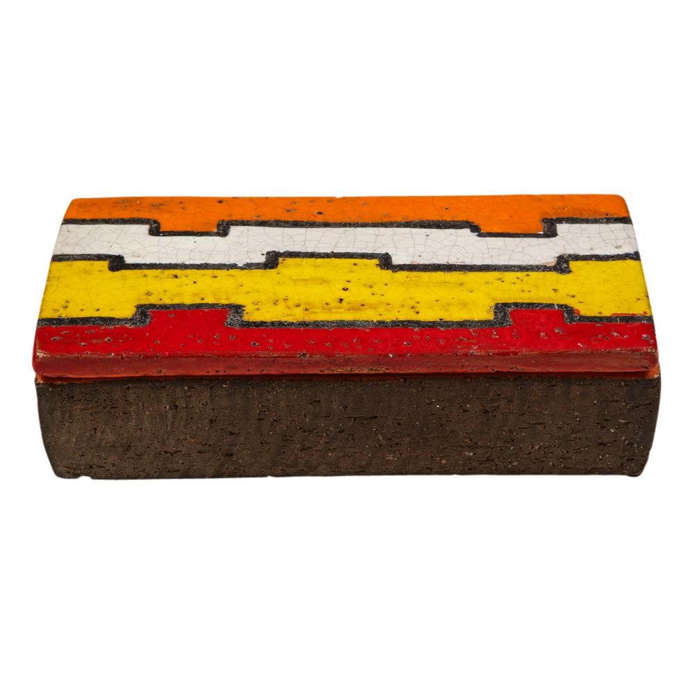 Bitossi-Schachtel, Keramik, geometrisch, rot, gelb, weiß und orange, signiert (Glasiert) im Angebot