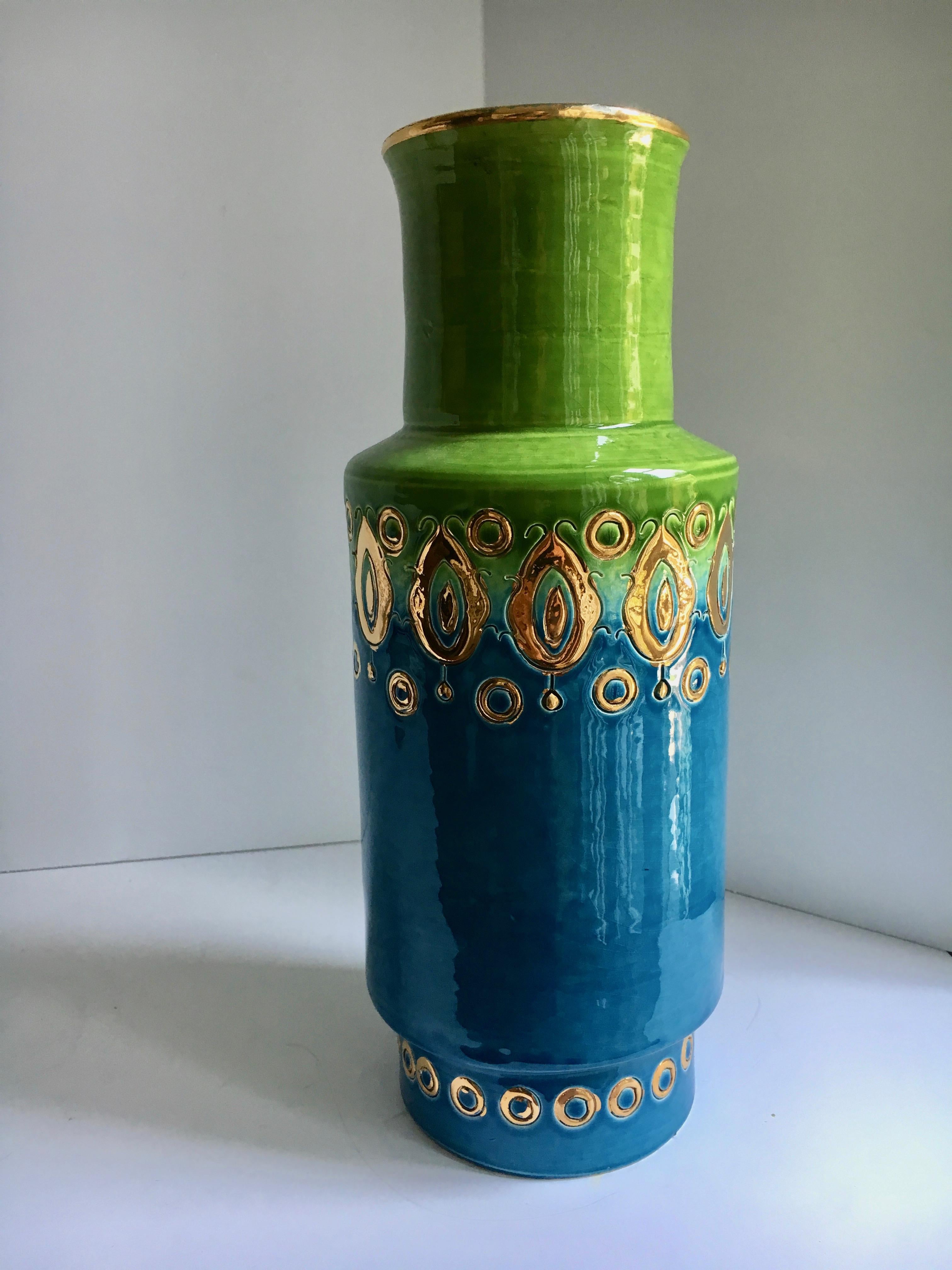 Bitossi Italian green blue cylinder vase - Brilliant color with gold accents - a Classic midcentury ceramic vase - alone a beautiful statement or add flowers to change things up!

Tall and stunning, like a true Italian.