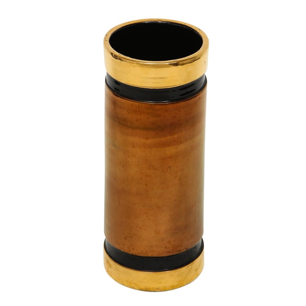 Bitossi Rosenthal Netter vase, ceramic, metallic gold, copper and black, signed. Tall cylinder vase with a copper metallic glazed center and alternating bands of glossy black and metallic gold. Made by Bitossi for Rosenthal Netter. Remnants of the