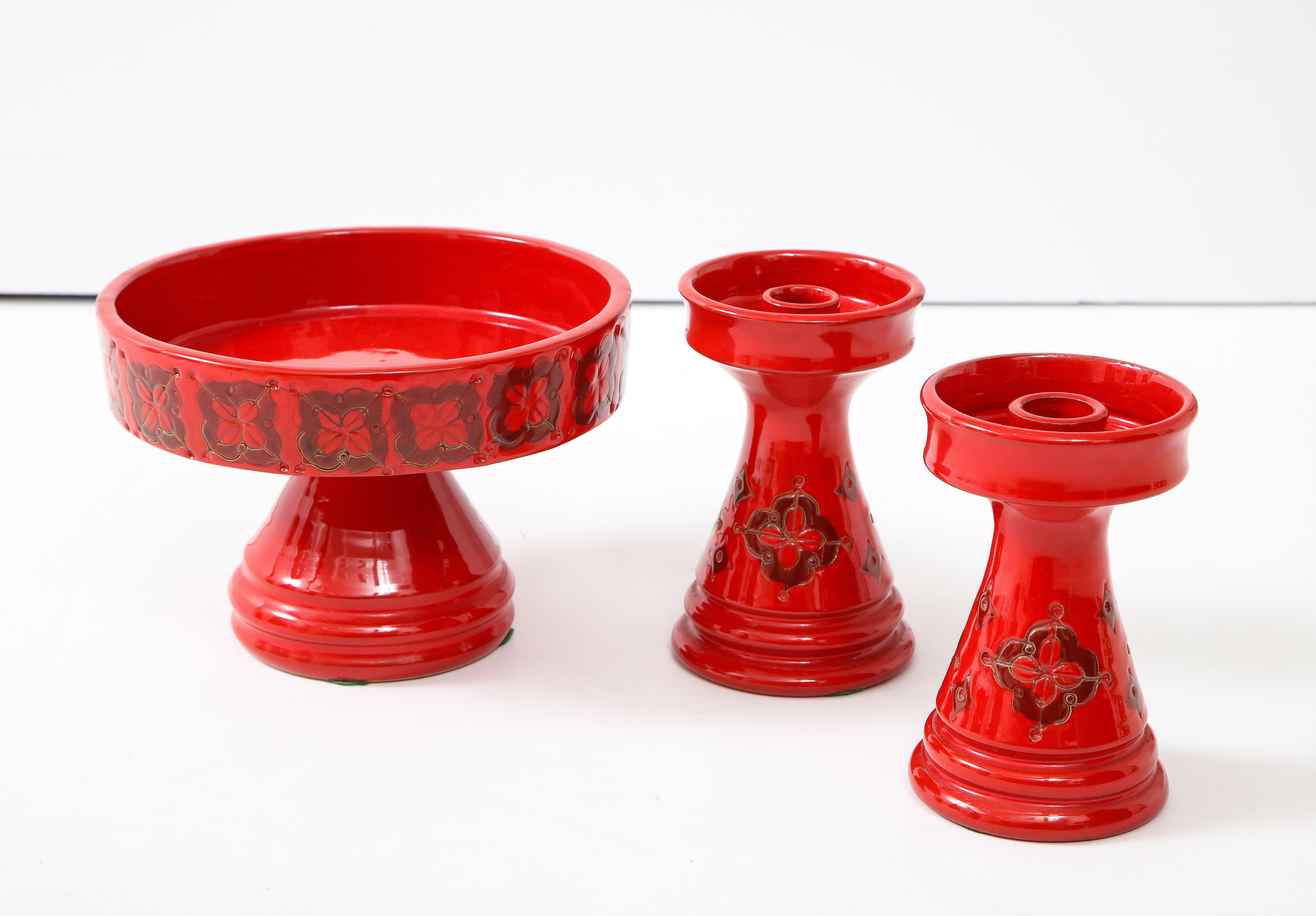 1960s Mid-Century Modern Italian pottery candleholders and decorative bowl by Rosenthal Netter.

Bowl measurements: Width 8