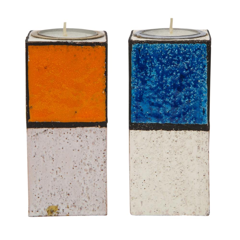 Mid-Century Modern Rosenthal Netter Candlesticks, Ceramic, Mondrian, Orange, Yellow, Blue, Signed