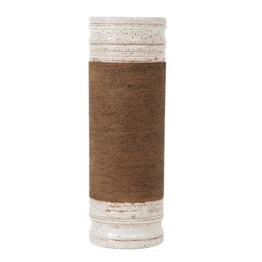 Bitossi for Rosenthal Netter vase, ceramic, brown and white, signed. Tall chunky cylindrical vase with neck and base glazed in white with brown speckles and a raw matte clay center. Signed with a Rosenthal Netter paper label on the underside.