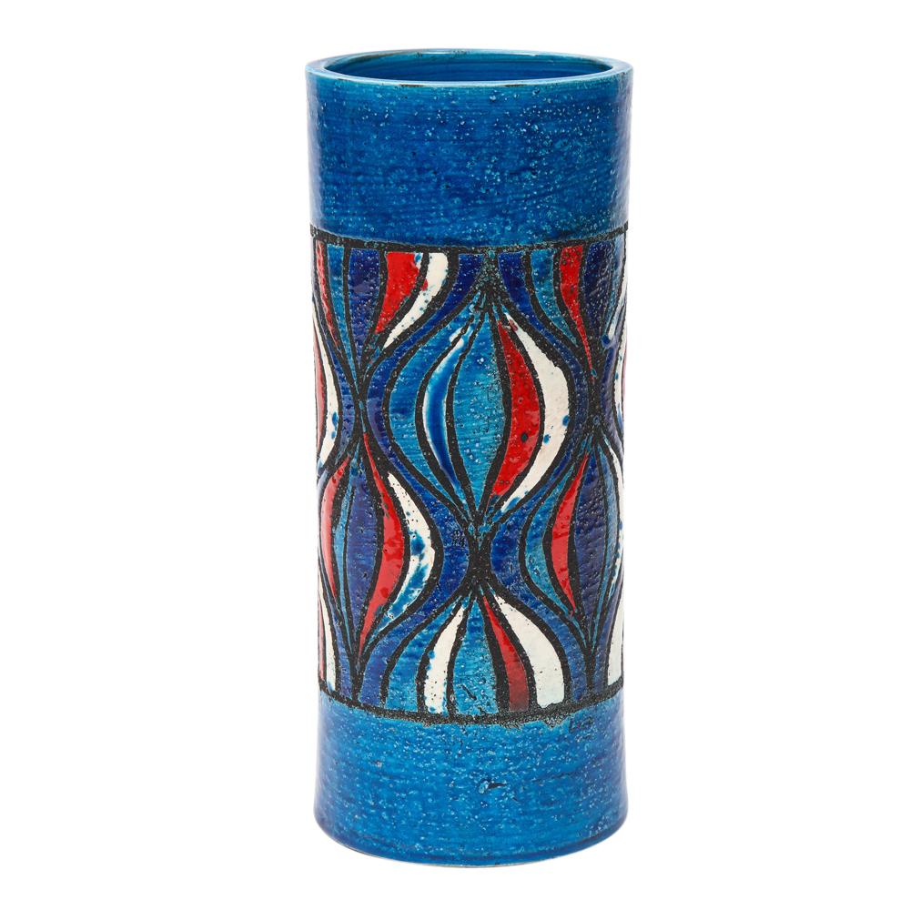 Bitossi for Rosenthal netter vase, ceramic, blue, red, and white, onion. Medium scale chunky cylinder vase decorated with a wavy abstract onion pattern.