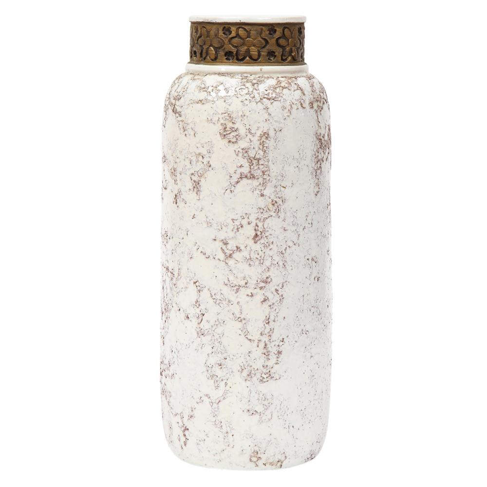 Bitossi for Rosenthal Netter vase, ceramic, white and gold, signed. Tall bottle form vase with a textured white glazed body and gilt glazed collar, decorated with impressed with flower pedals. Bitossi used this textured glaze in its 