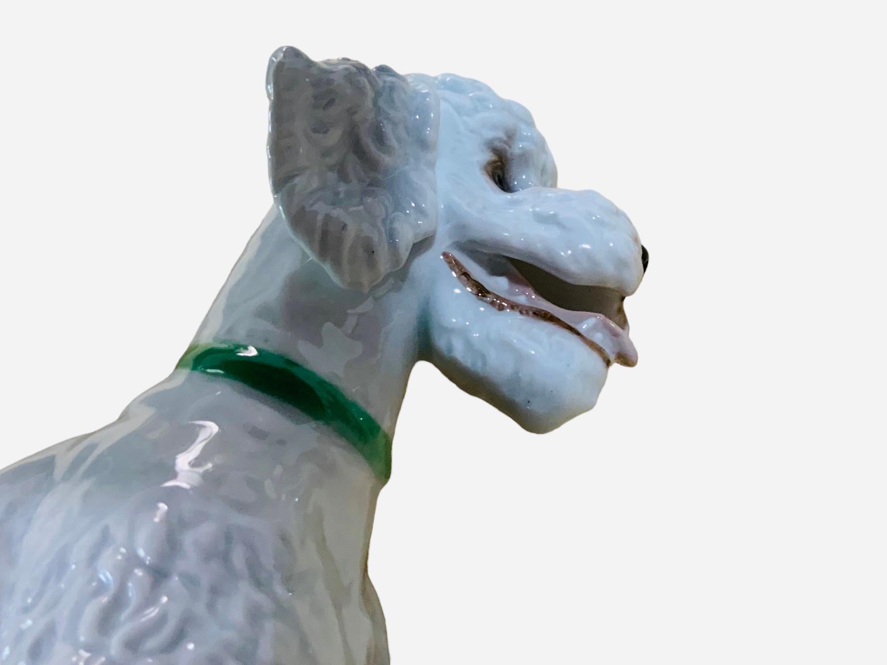 This is a Rosenthal porcelain figurine of a dog. It depicts a hand painted full of details tall poodle standing up with a green belt in his neck. The Rosenthal hallmark is below the figurine.