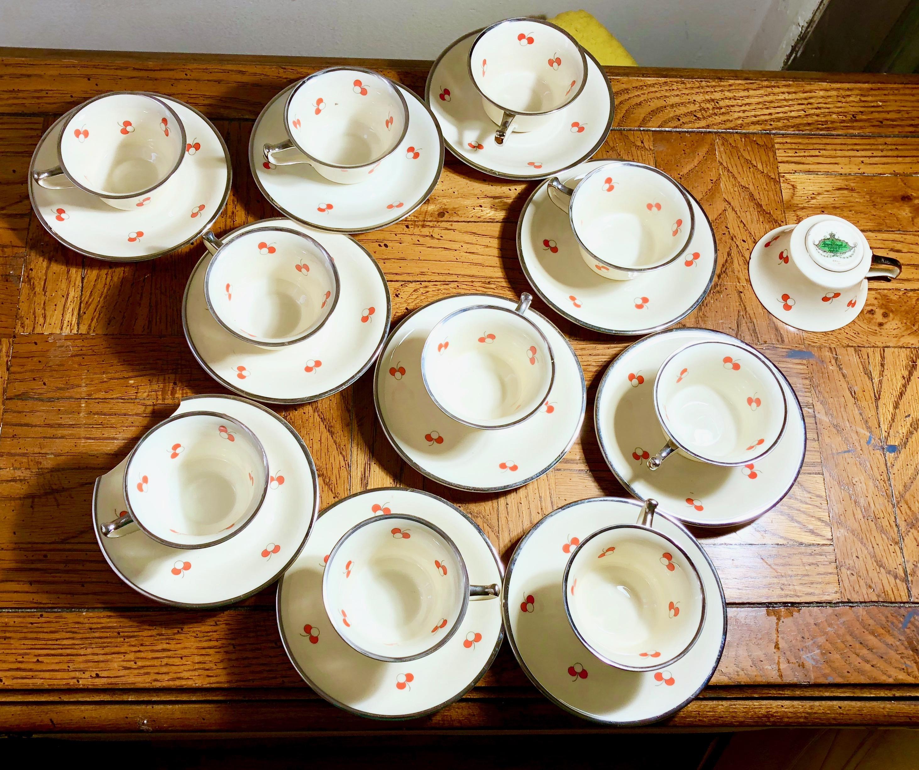 Rosenthal Pre-WWII ‘Cherries’ Dematisse Set Porcelain Antique Silver Red Germany In Fair Condition In Brooklyn, NY