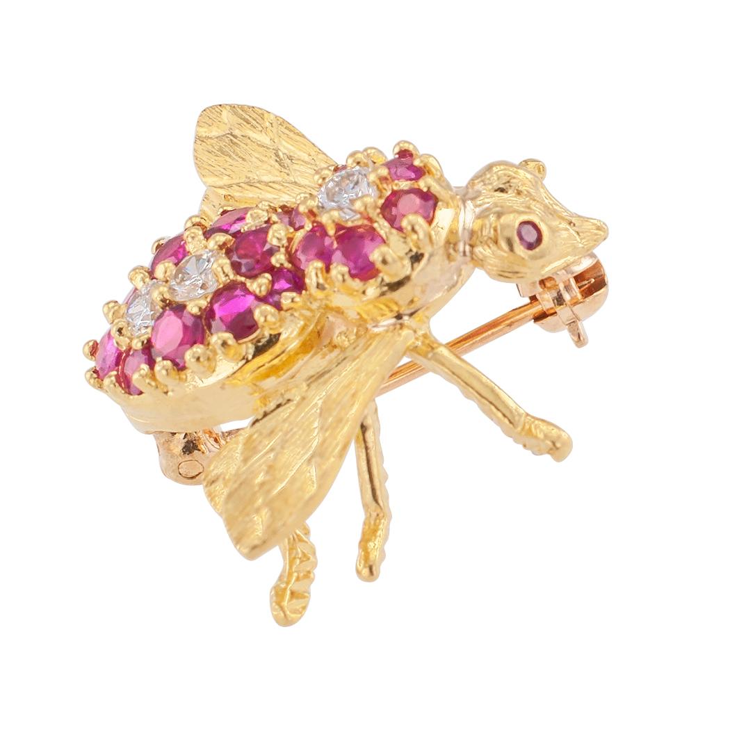 Modern Rosenthal Ruby Diamond Yellow Gold Bee Brooch