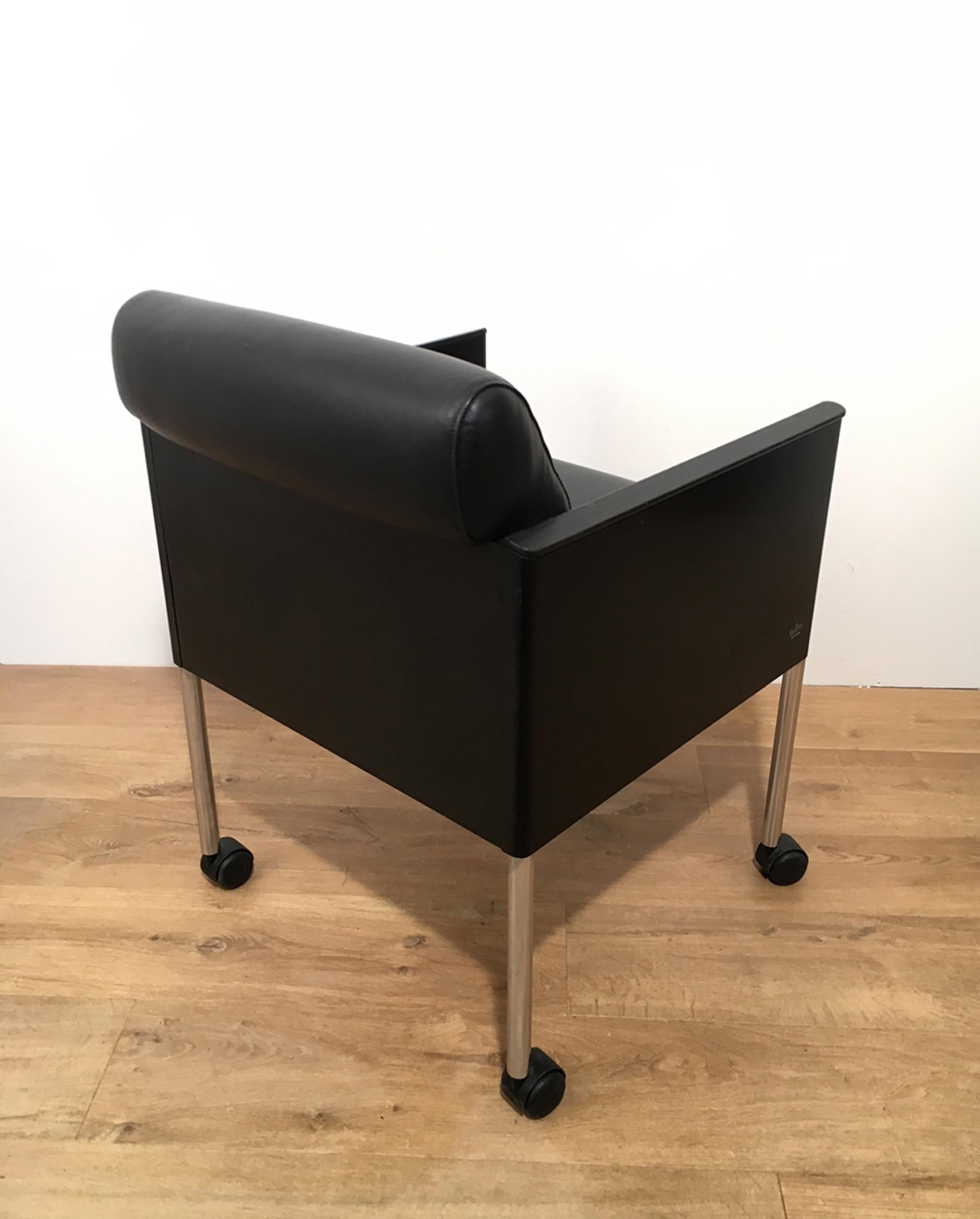Set of 4 Black Lacquered and Leather Armchairs on Casters by Rosenthal. Cir 1970 For Sale 5