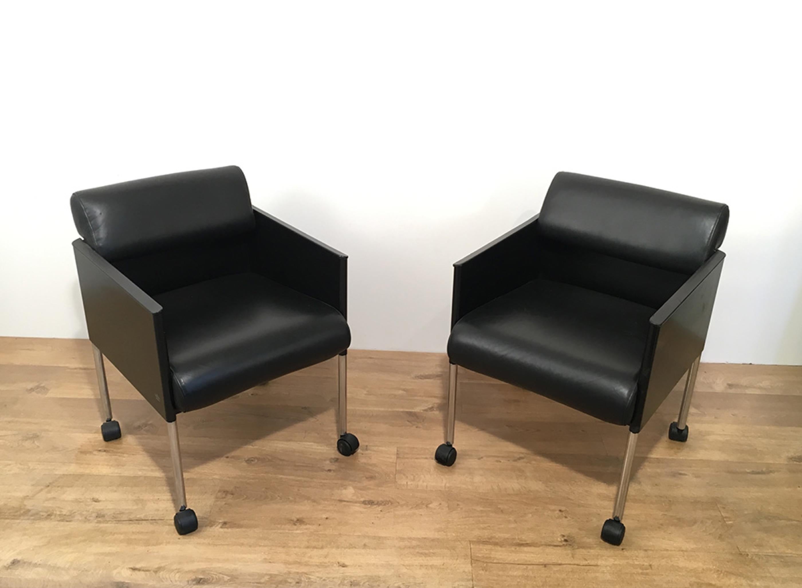 Set of 4 Black Lacquered and Leather Armchairs on Casters by Rosenthal. Cir 1970 For Sale 10