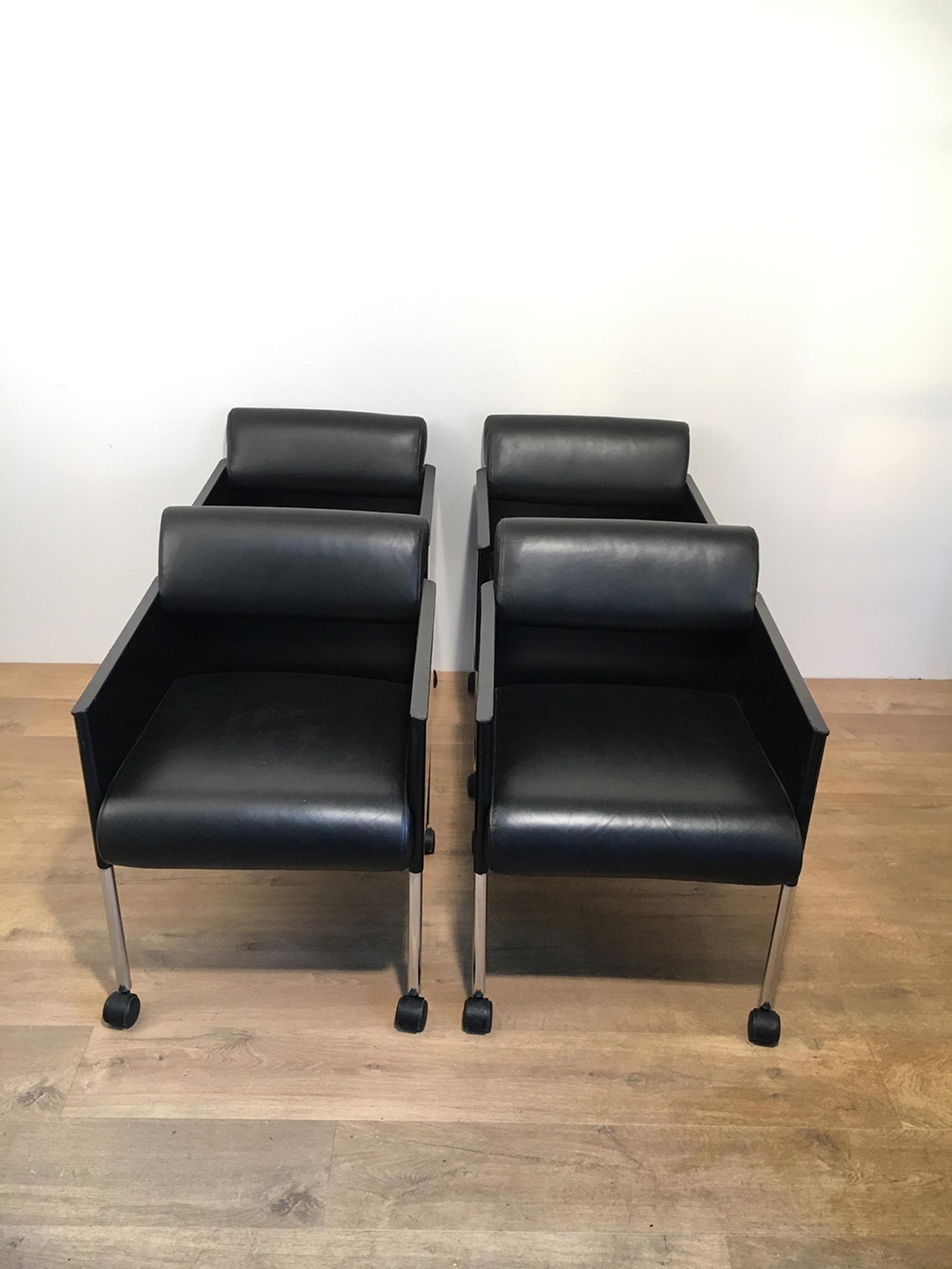 Set of 4 Black Lacquered and Leather Armchairs on Casters by Rosenthal. Cir 1970 For Sale 11