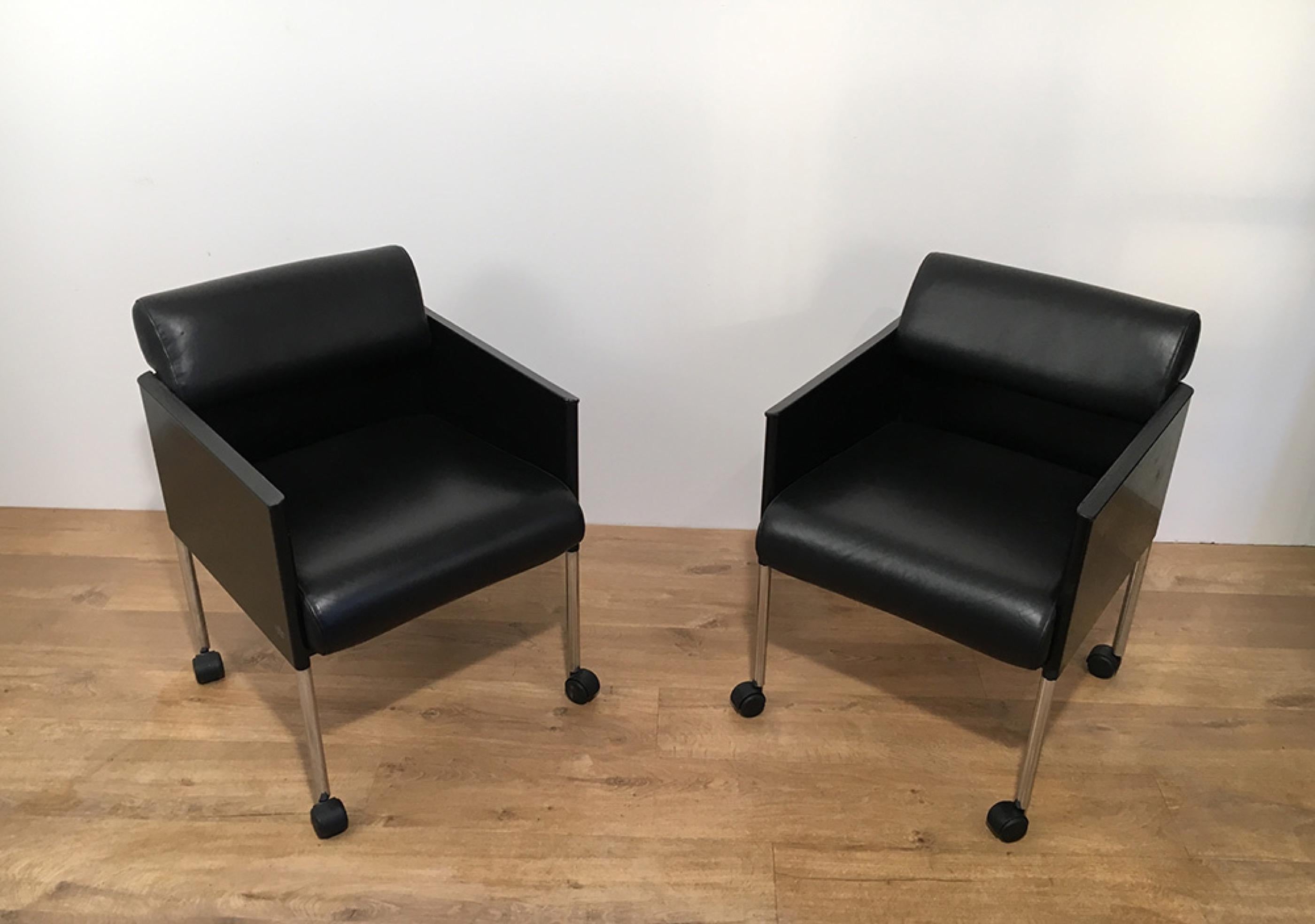 Set of 4 Black Lacquered and Leather Armchairs on Casters by Rosenthal. Cir 1970 For Sale 12