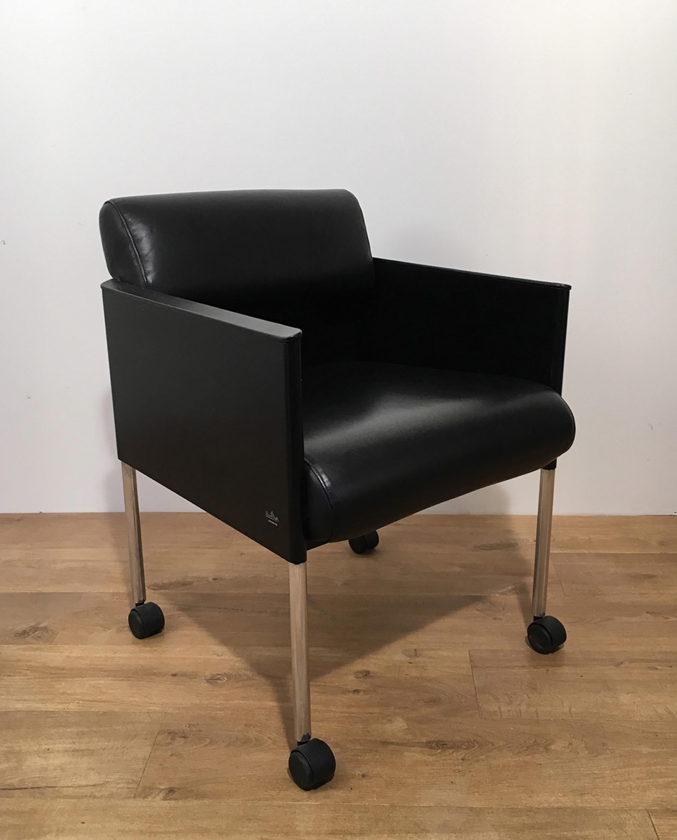 Set of 4 Black Lacquered and Leather Armchairs on Casters by Rosenthal. Cir 1970 For Sale 14