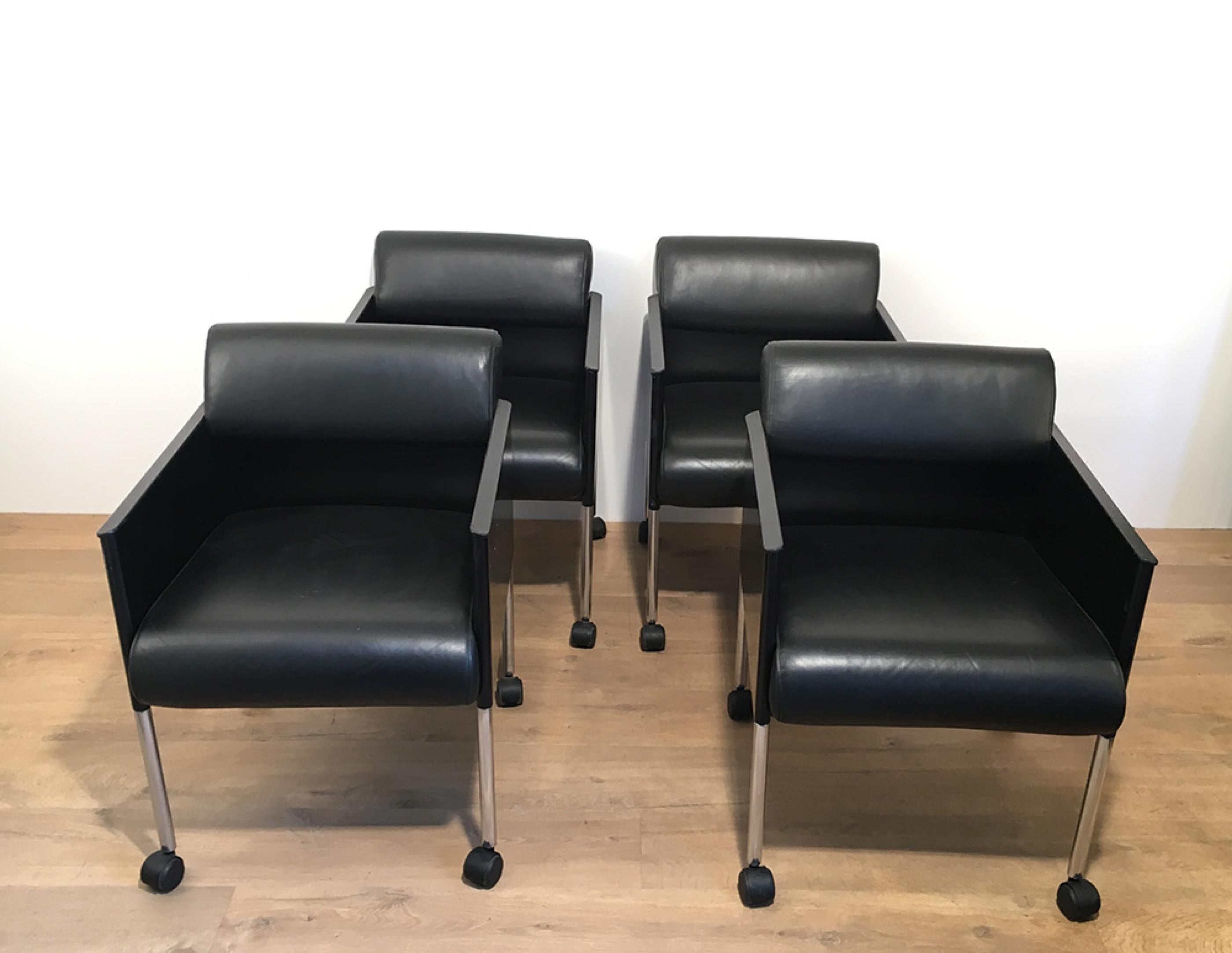German Set of 4 Black Lacquered and Leather Armchairs on Casters by Rosenthal. Cir 1970 For Sale