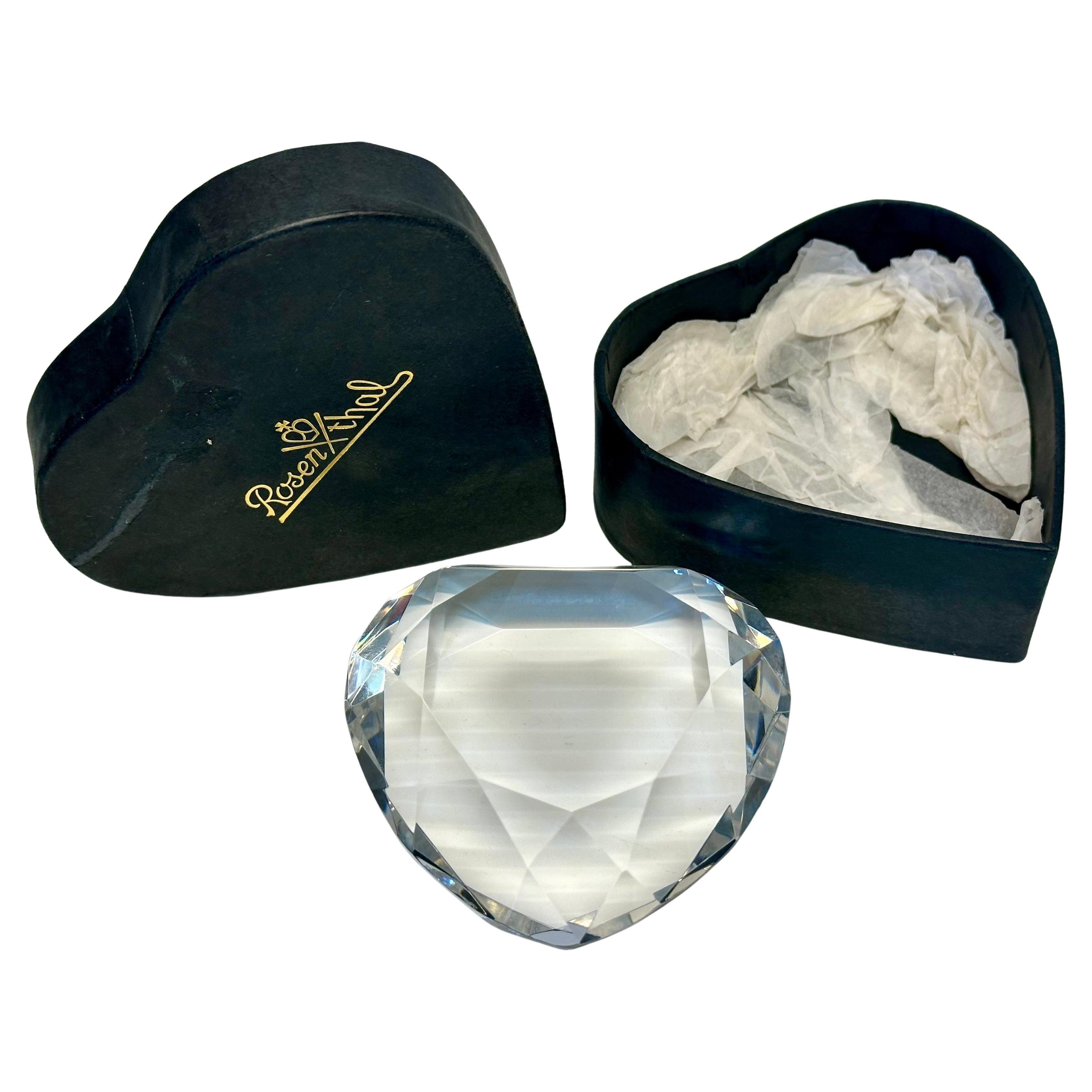 Rosenthal Signed Faceted Crystal Heart Paperweight in Original Box For Sale