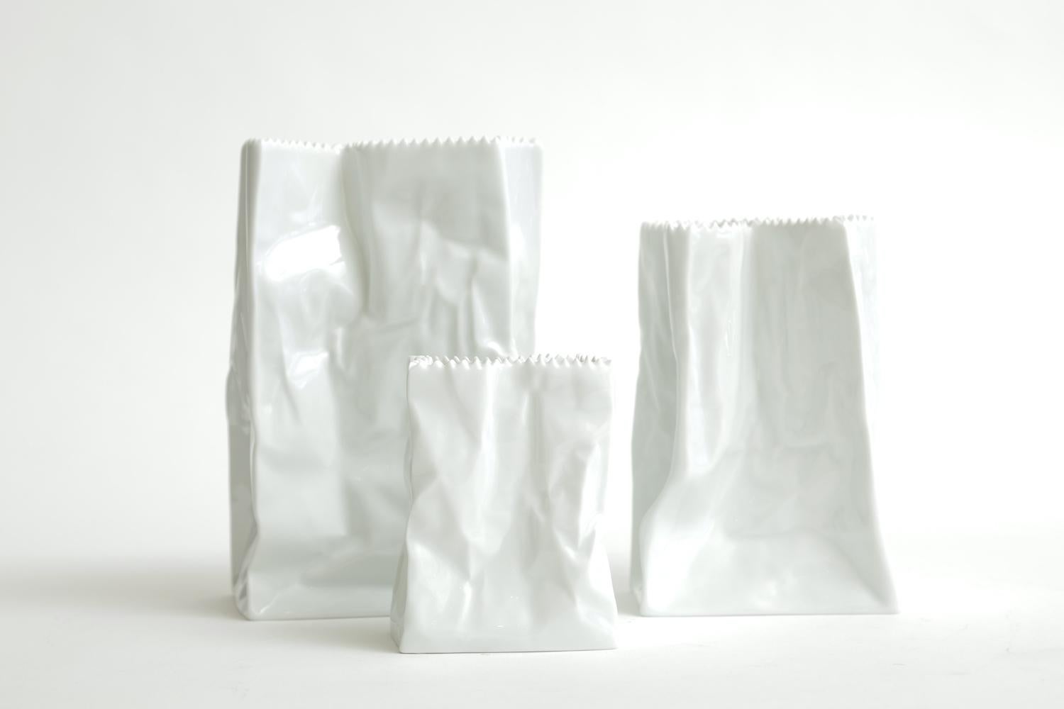 Modern Rosenthal Vintage Wirkkala Ceramic Sculptural Do Not Litter Paper Bags Set of 3 For Sale
