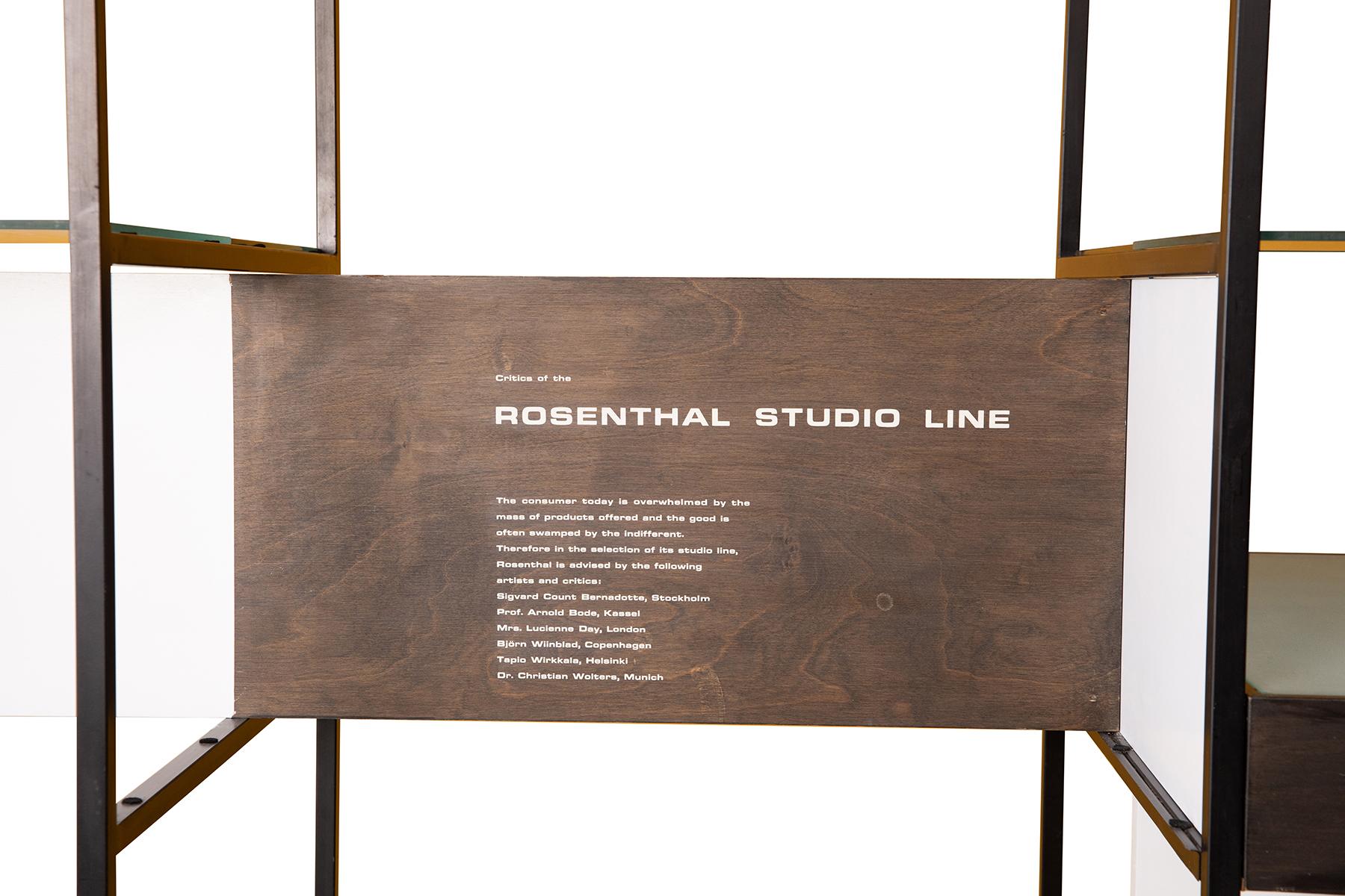 Rosenthal studio-line free standing wall unit, circa mid-1960s. This example was an original display model for Rosenthal and was designed to highlight the works of Wirkaala, Bjorn Wiinblad and Raymond Loewy among others. The frame is patinated iron,