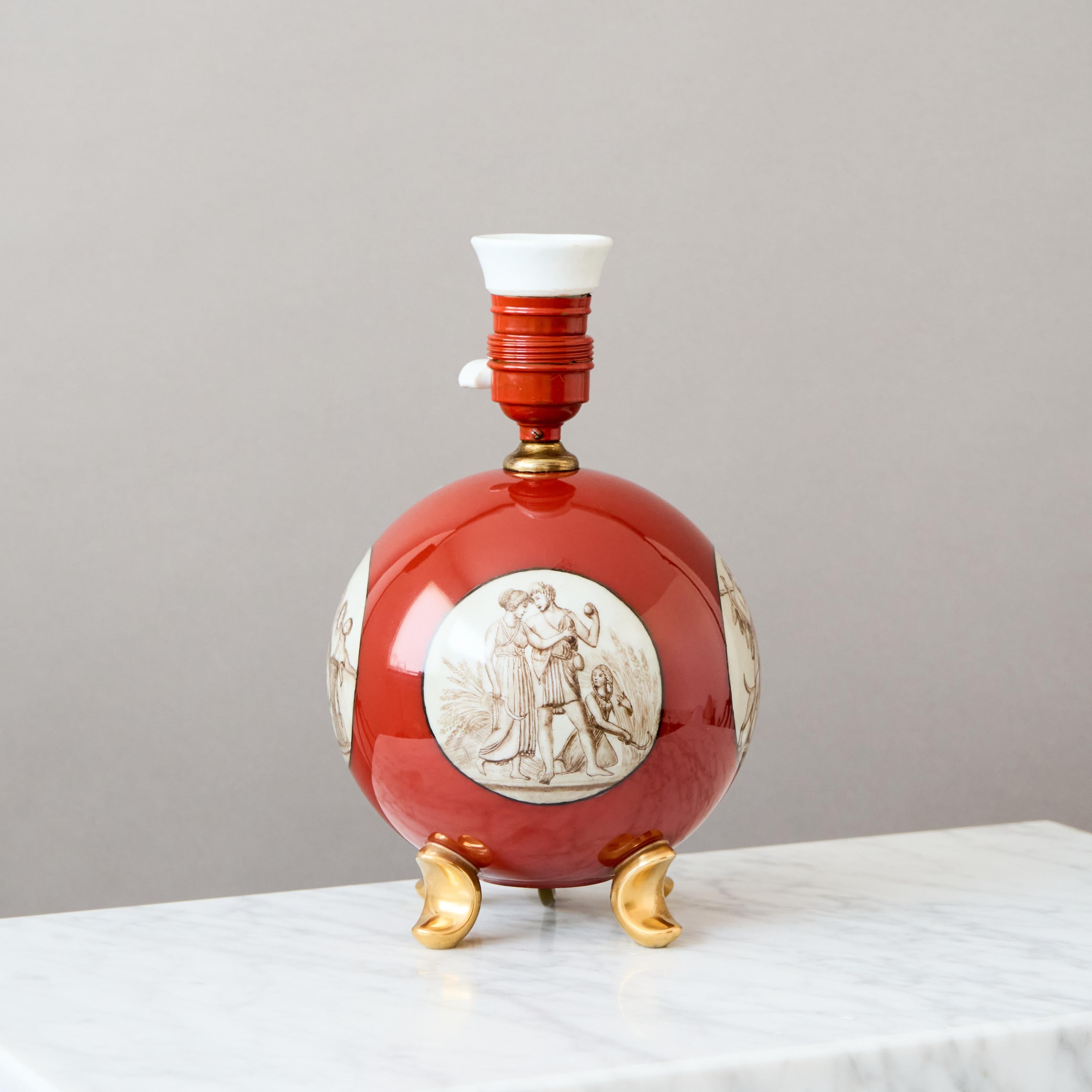 Glazed Rosenthal Table Lamp, Red & Gold Art Deco Hand-Painted Porcelain, Germany, 1935 For Sale