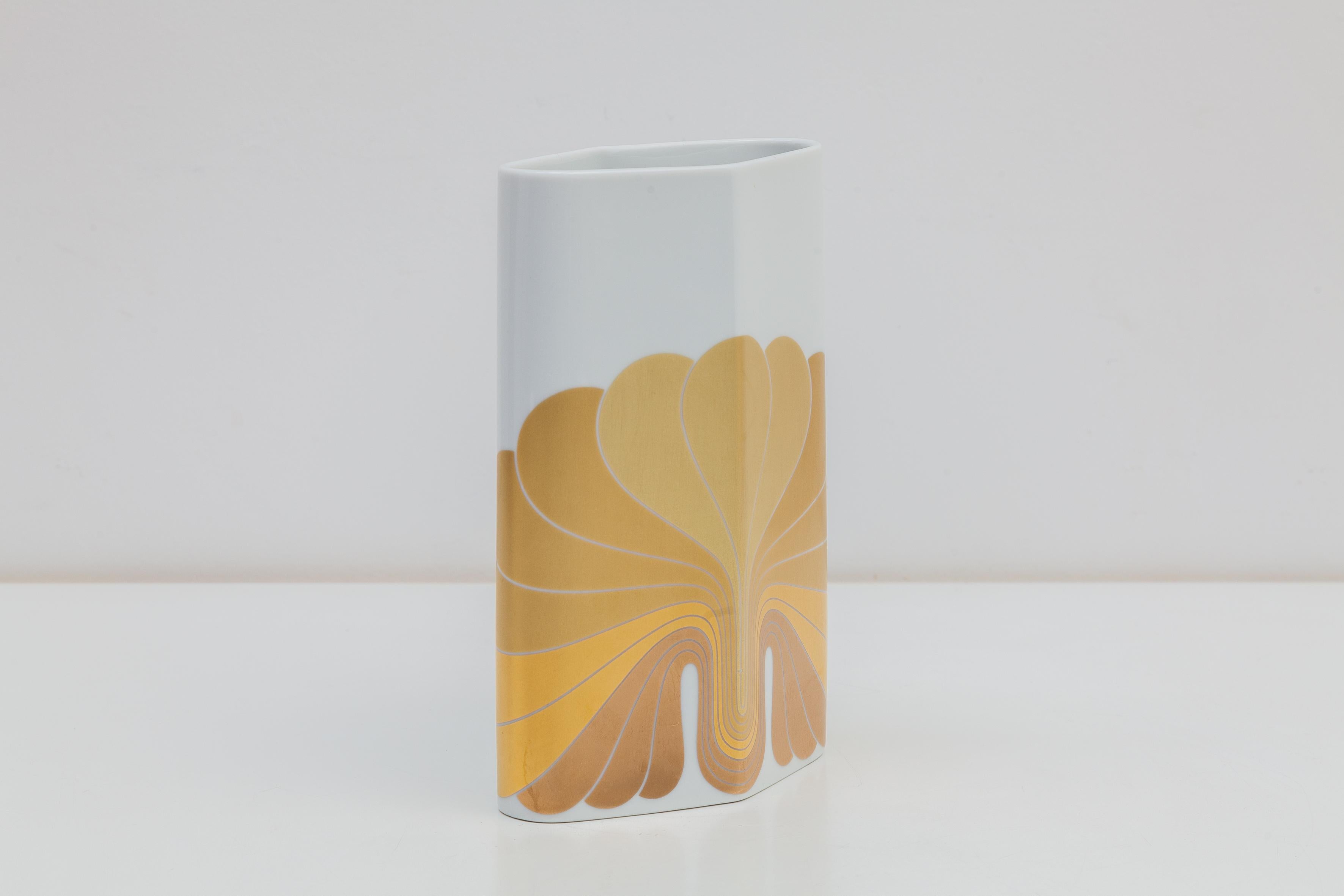 Vintage vase by Rosenthal, Germany. “Studio Line”, 1960s-1970s mod printed design in shades of 24-karat gold decoration on white porcelain. Marked.