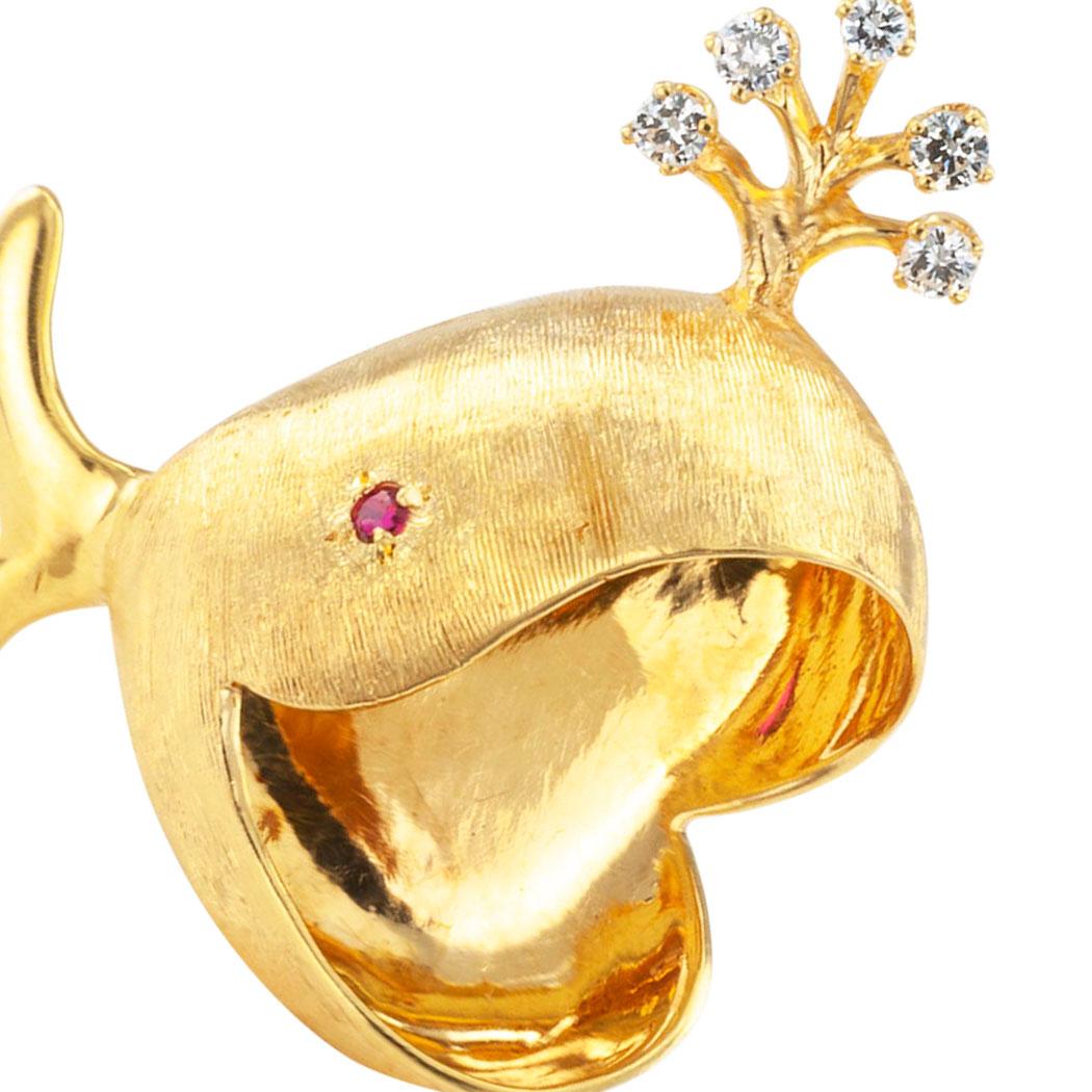 Round Cut Rosenthal Whale Brooch Diamonds Ruby Gold
