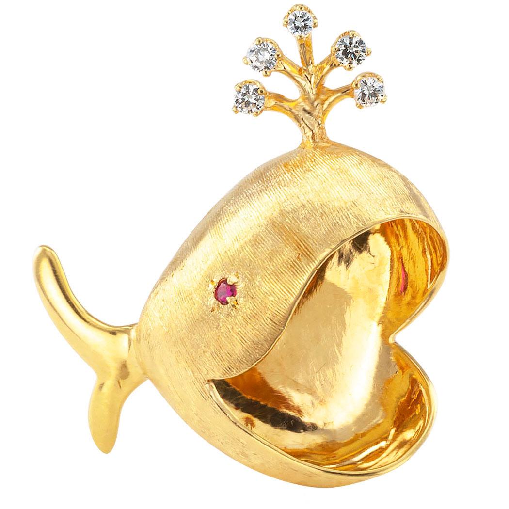 Rosenthal Whale Brooch Diamonds Ruby Gold