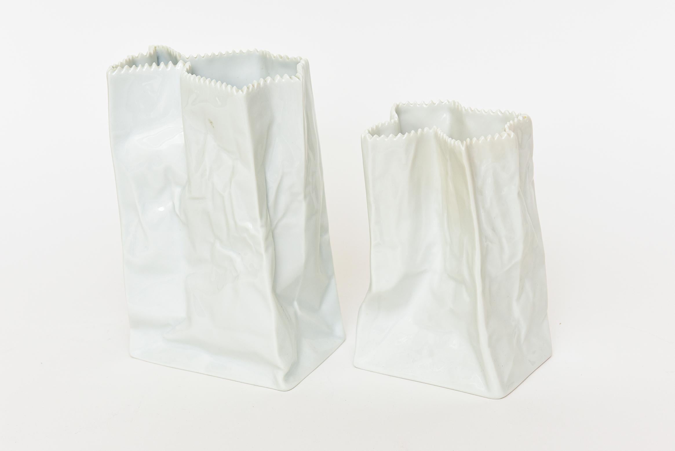 This fabulous pair of signed Rosenthal white glazed crushed ceramic bags are called the Do Not Litter Bags. Both are signed in gold Rosenthal on the lower right hand corner which is unusual. They are also signed on the bottom Rosenthal Germany Tapio