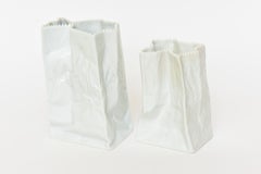 Rosenthal Vintage White Glazed Ceramic Crushed Do Not Litter Bags Signed Pair of