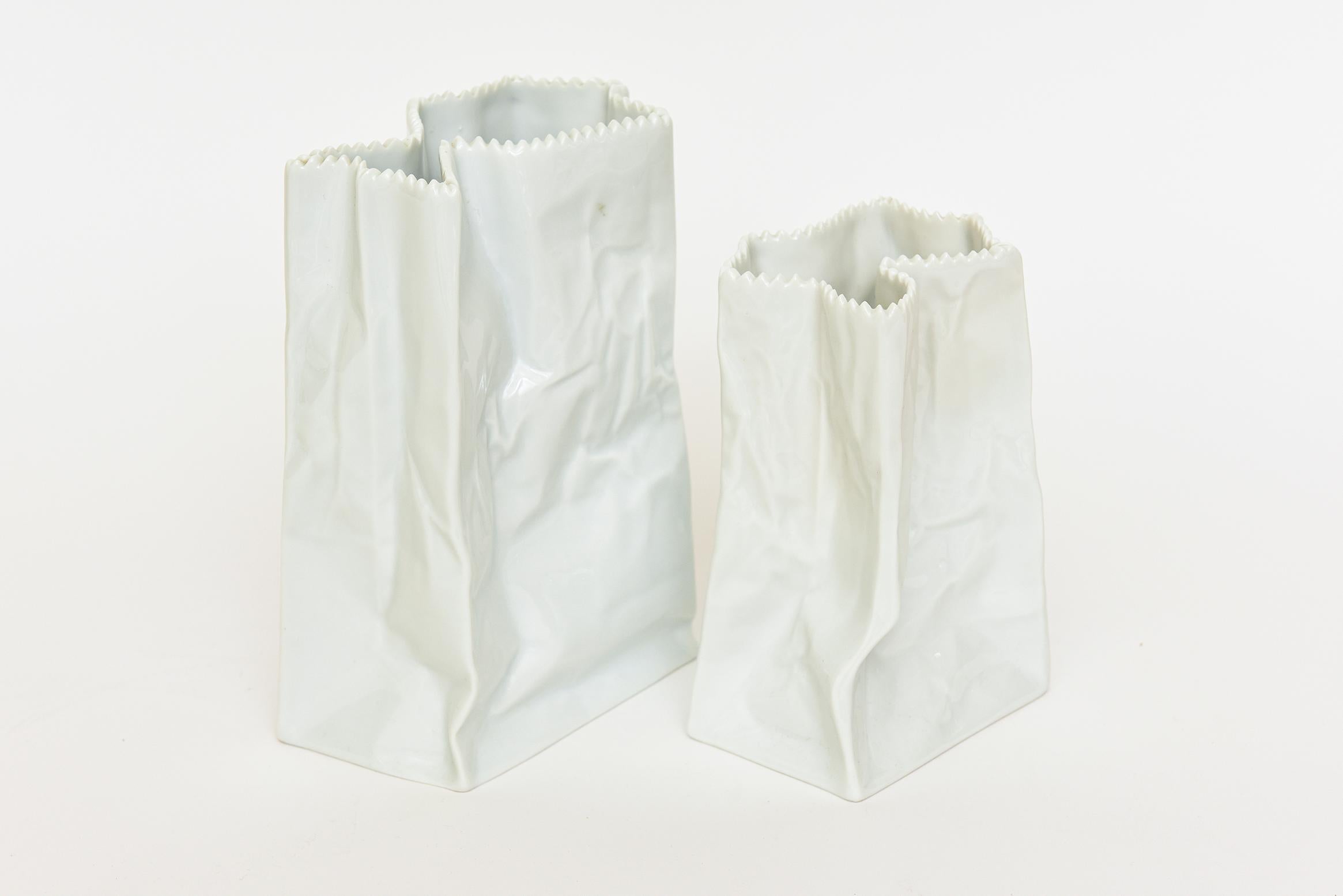 Modern Rosenthal Vintage White Glazed Ceramic Crushed Do Not Litter Bags Signed Pair of