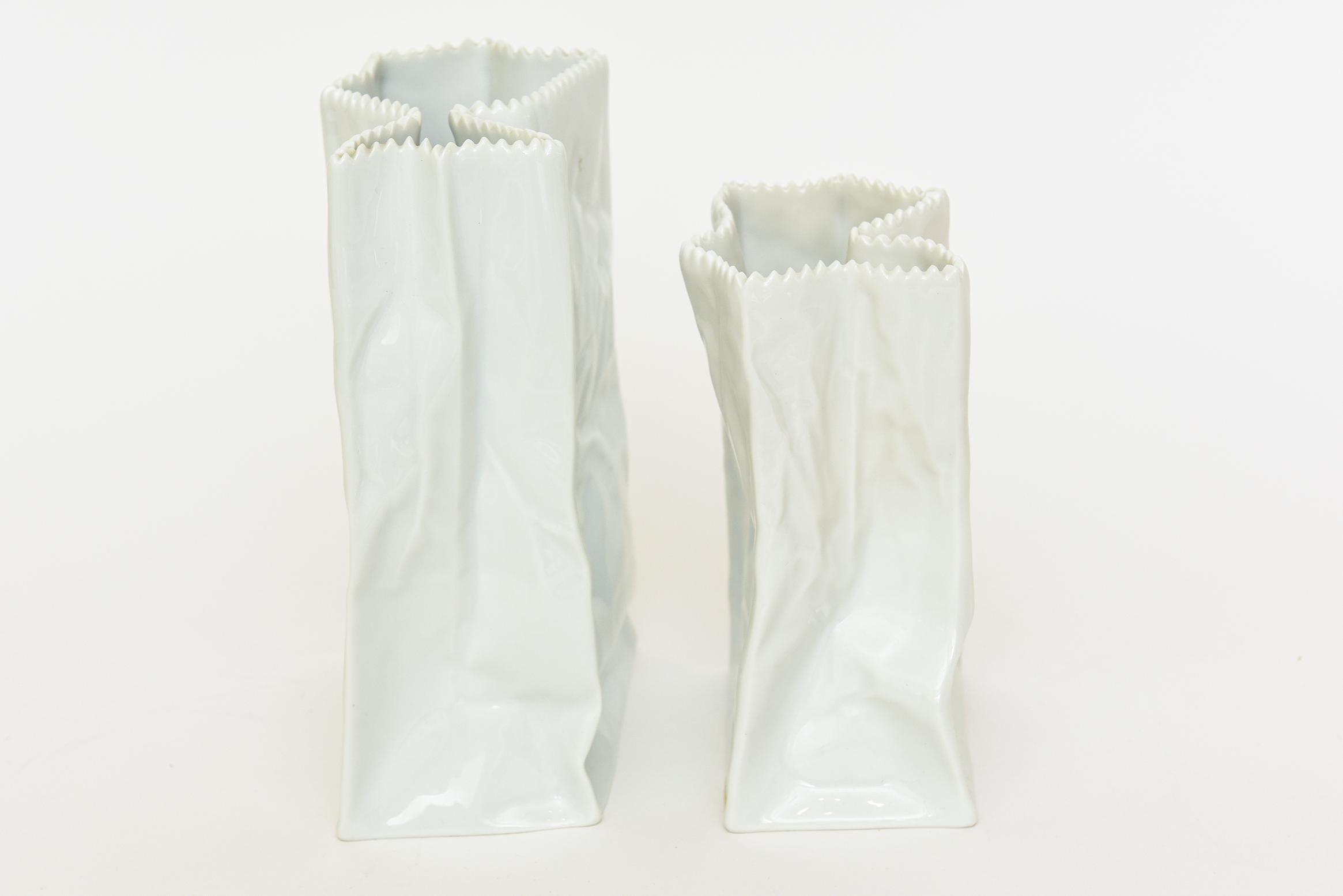 German Rosenthal Vintage White Glazed Ceramic Crushed Do Not Litter Bags Signed Pair of