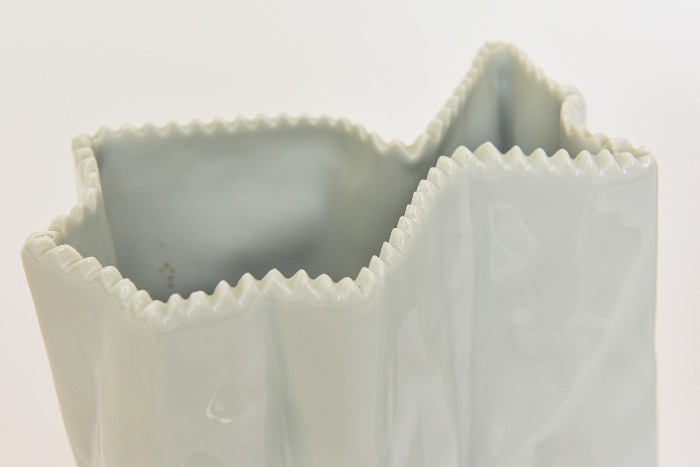 Modern Rosenthal Vintage White Glazed Ceramic Crushed Do Not Litter Bags Signed Pair of