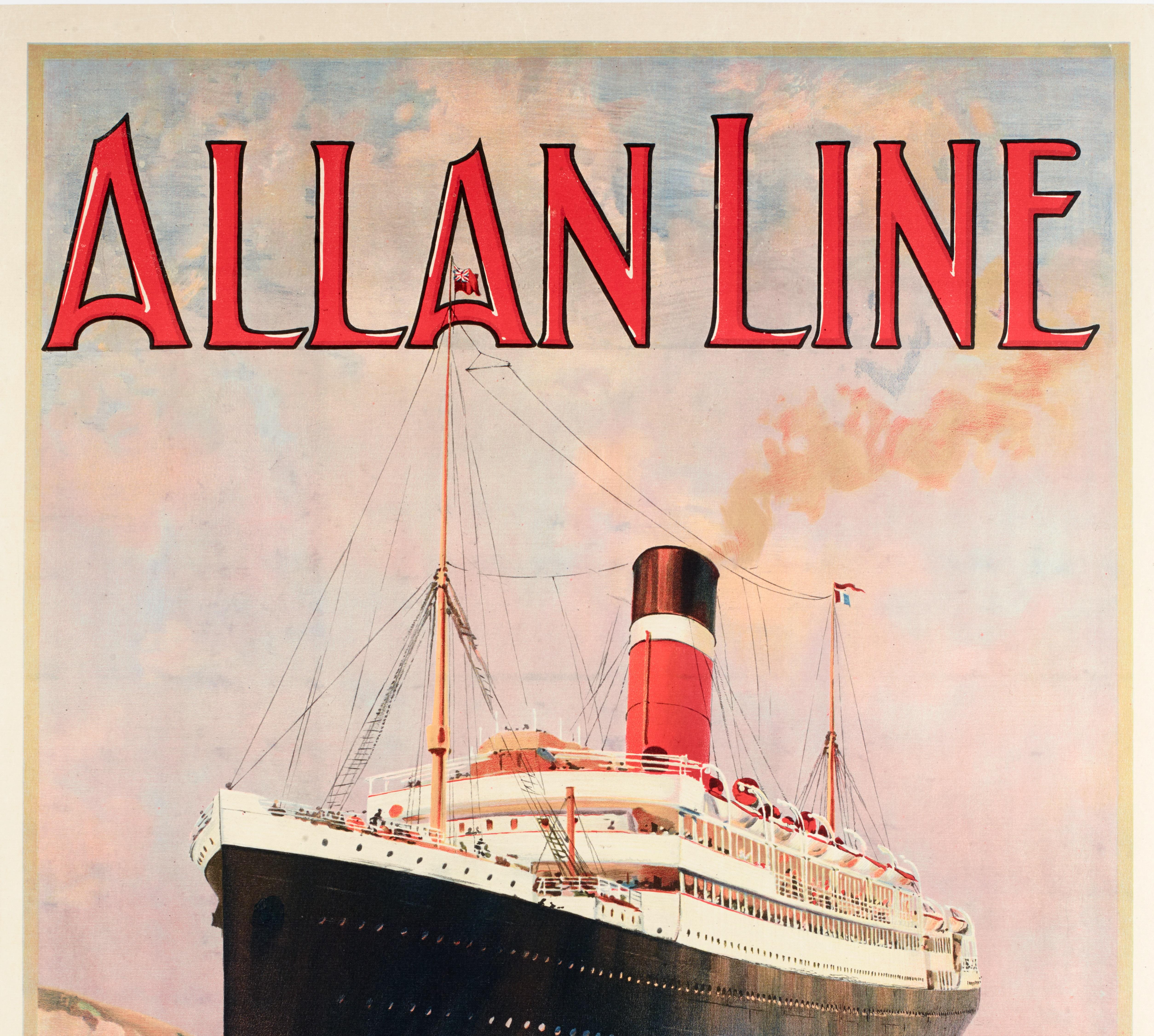 Original Vintage boating poster for the Allan Line in 1900 by Rosenvinge.

Artist: Odin Rosenvinge
Title: Allan Line - London & Plymouth to Quebec & Montreal
Date: circa 1900-1910
Size (w x h): 24.8 x 39.9 in / 63 x 101.4 cm
Printer: Turner &