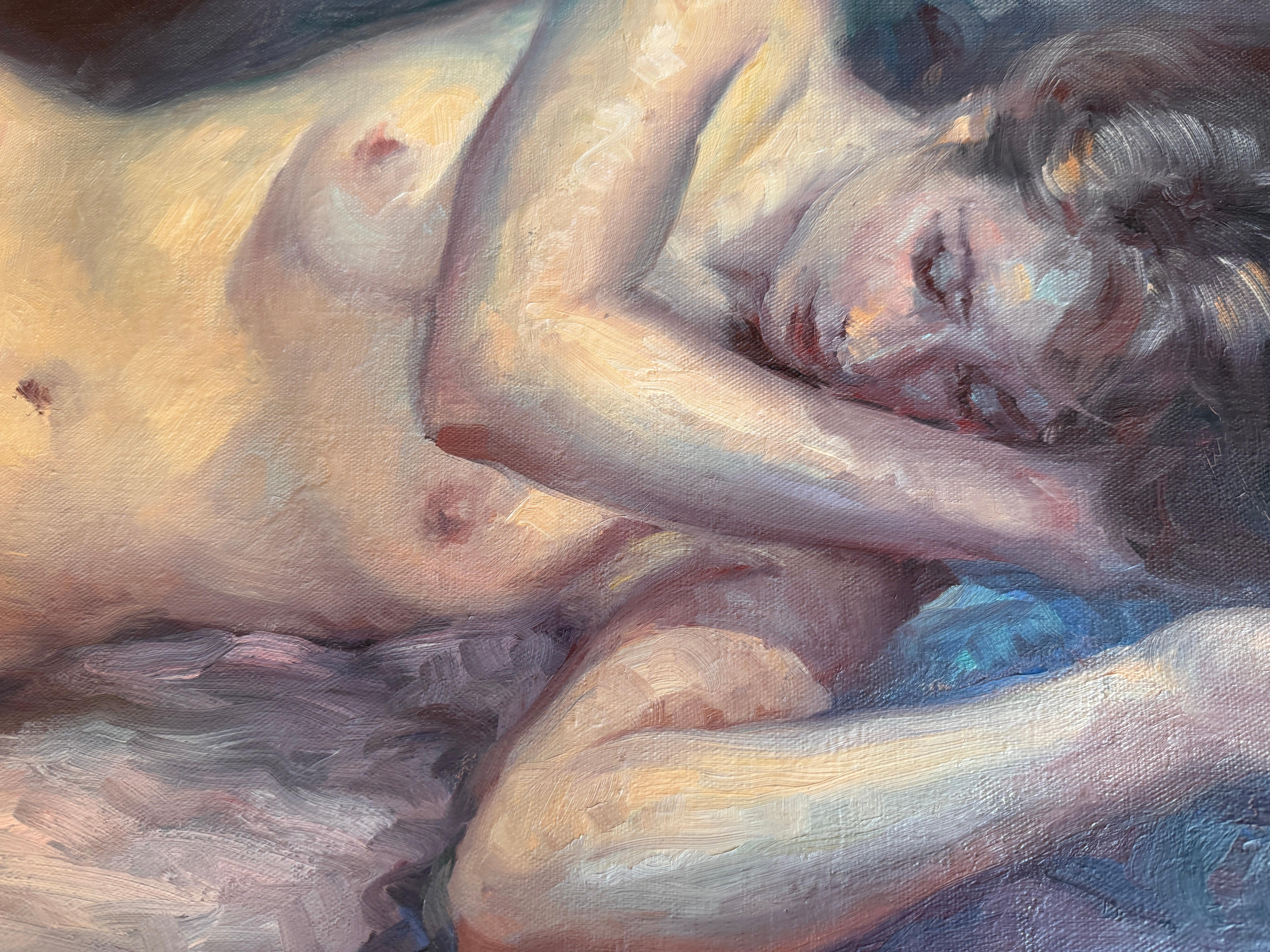 Liegender Akt Öl auf Leinwand Gemälde Frau (Grau), Nude Painting, von Roser Vinardell