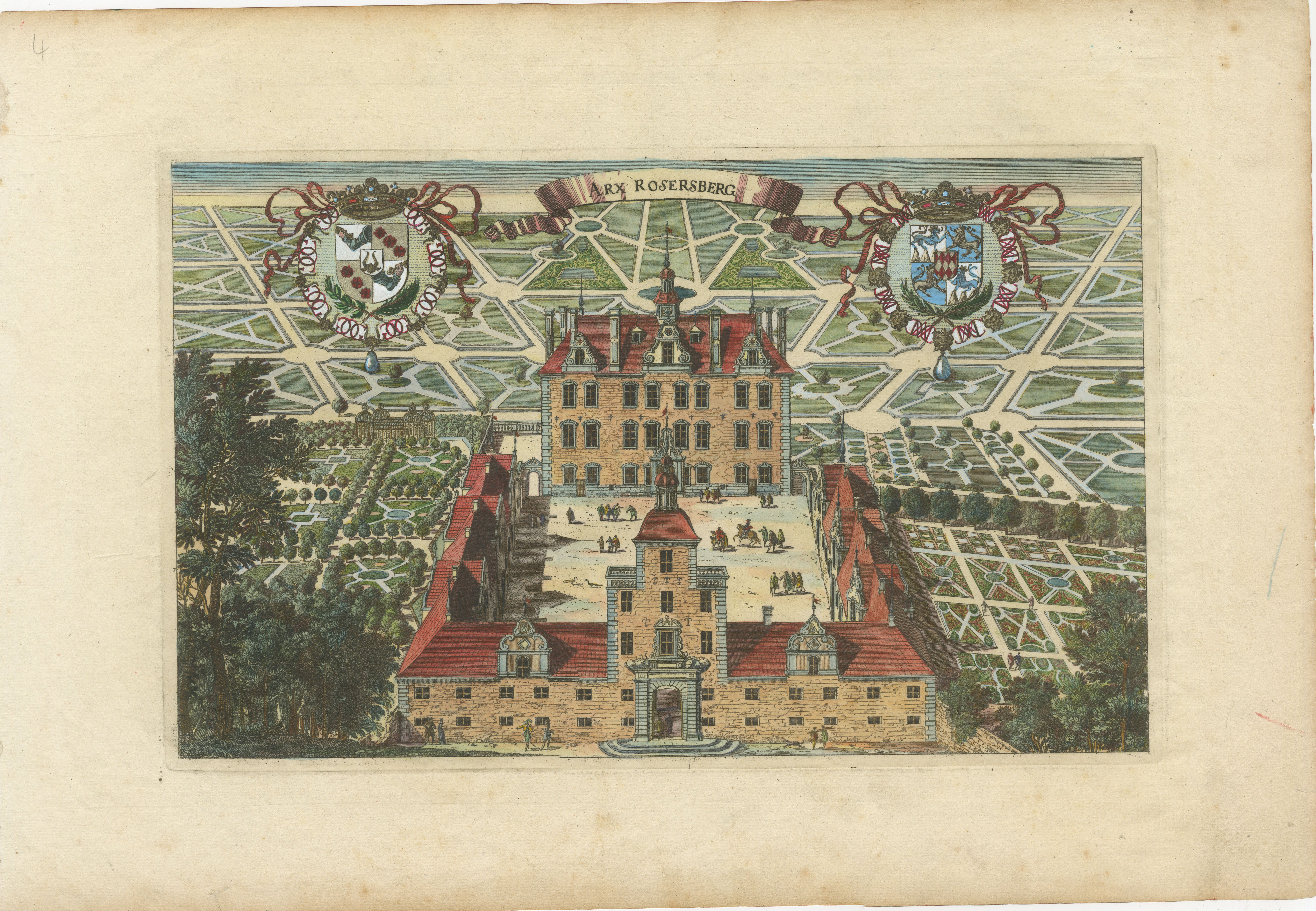 The engraving is a historical depiction of Rosersberg Castle, a baroque estate in Sweden. These engravings, often created in the 1690s as part of Erik Dahlberg's collection, typically showcase a bird's-eye view of the castle and its elaborate