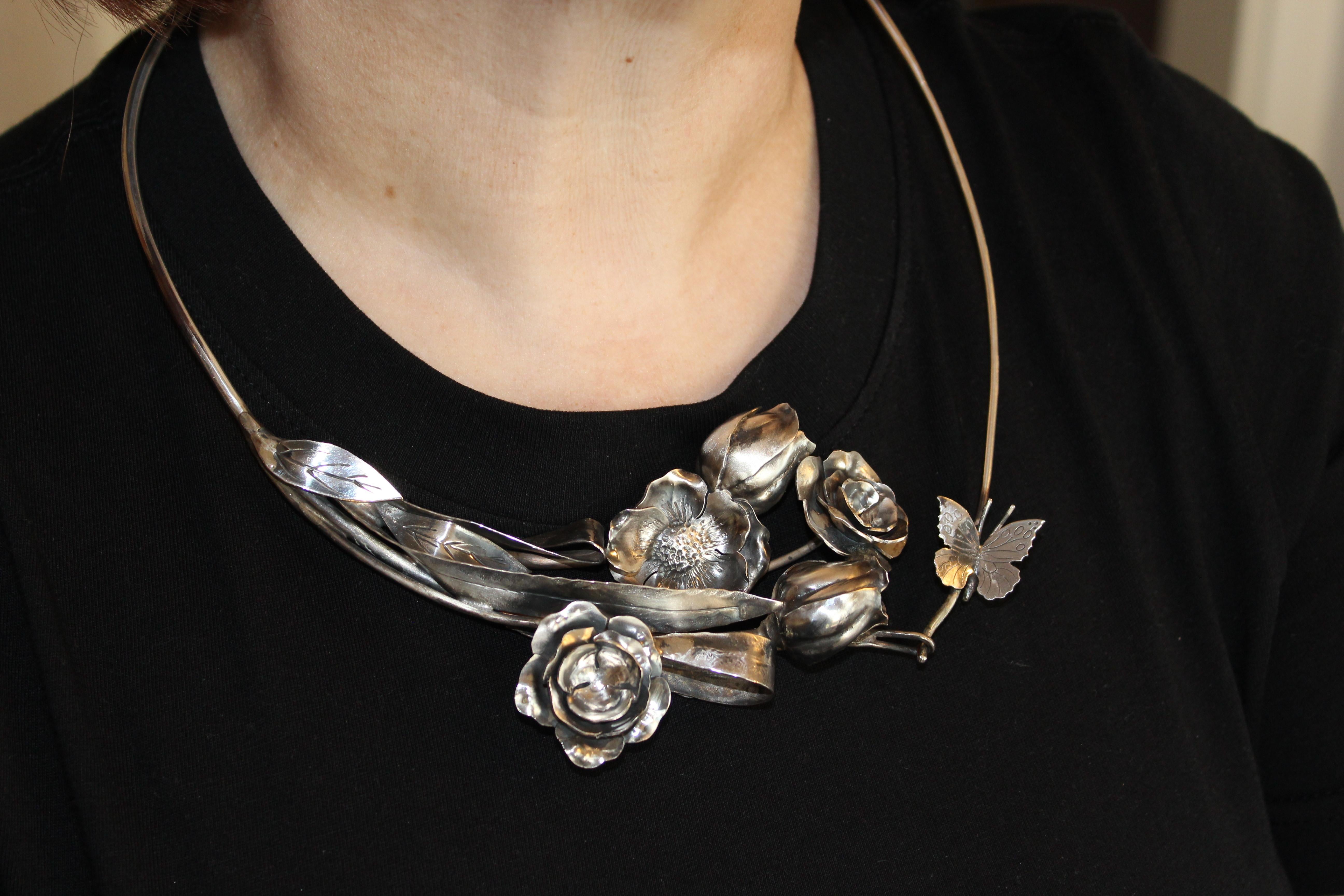 Artist Roses and Butterfly Sterling Silver Choker, Handmade, Italy For Sale