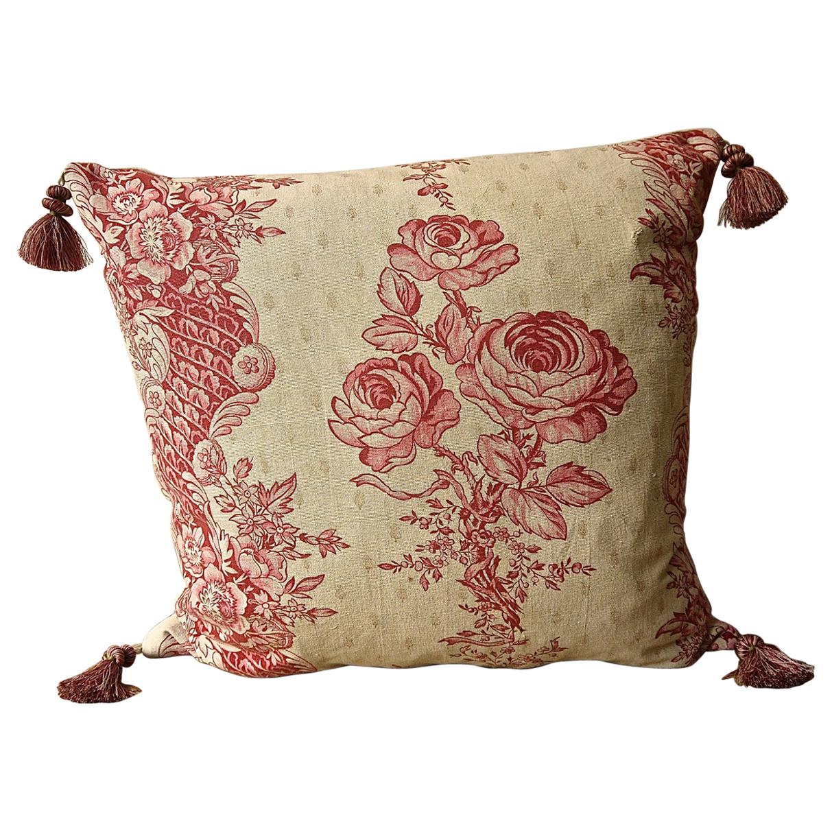  Roses and Columns With Tassels Cotton Pillow French, 19th Century For Sale