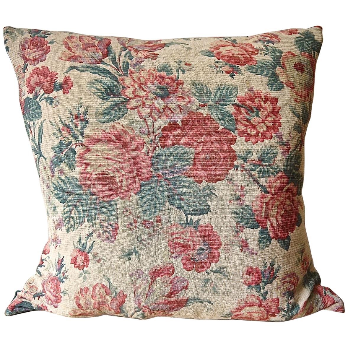 Roses and Tulips Linen Pillow French For Sale