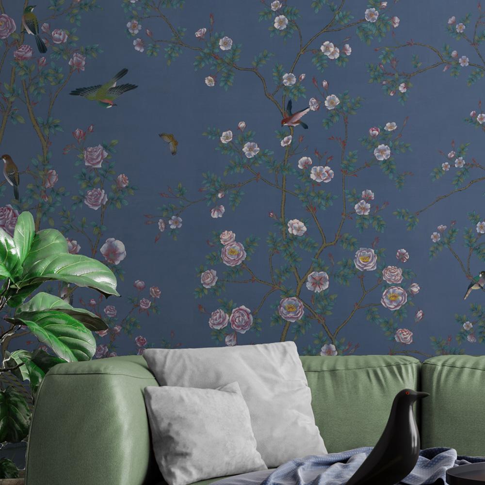 Roses Blue is one of our many lovely Chinoiserie mural wallpaper selections. It is the perfect addition to any hallway, dining room, powder room, and much more. In addition to being displayed as wallpaper, individual Roses Blue mural panels are