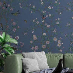 Roses Blue Chinoiserie Mural Wallpaper