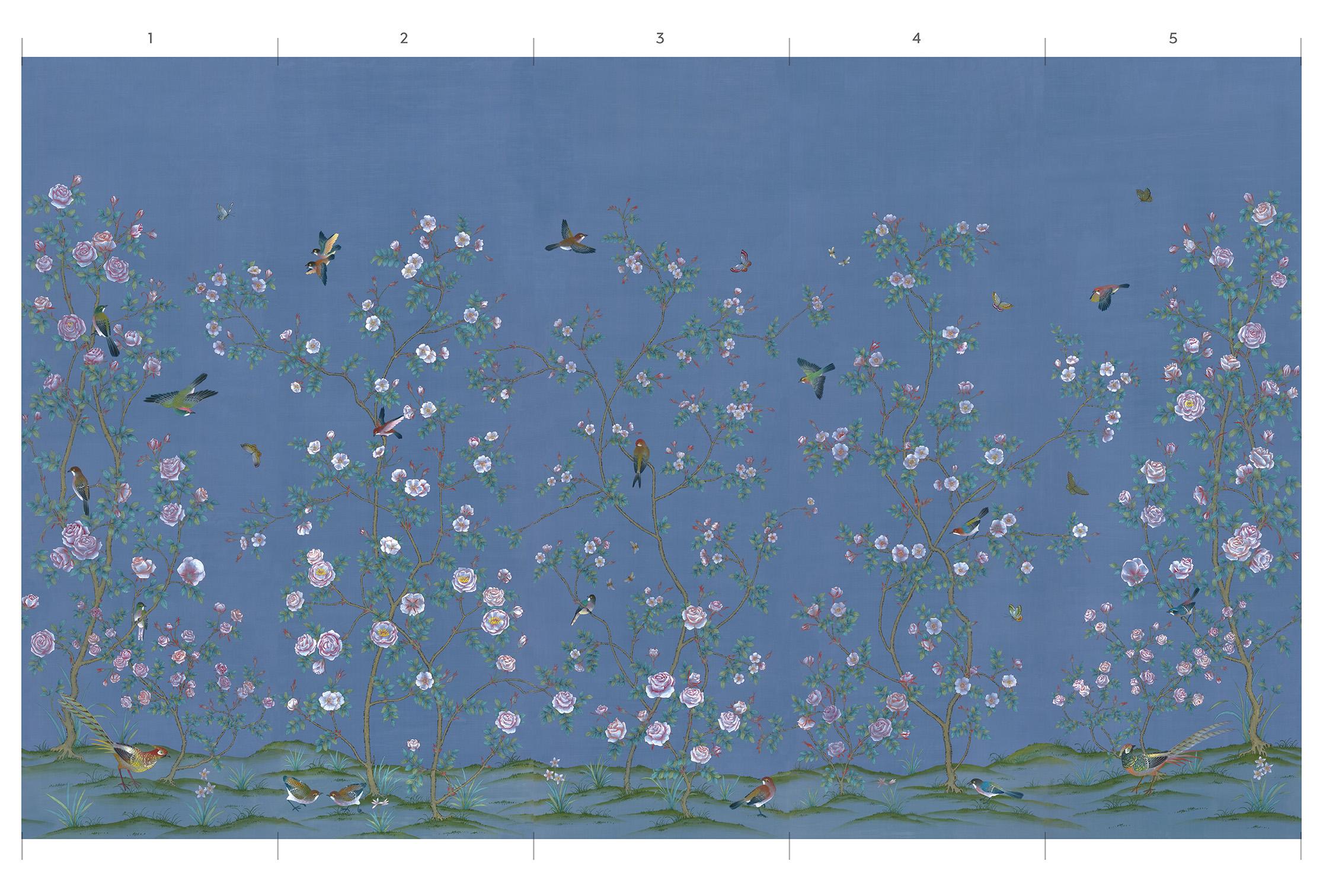 American Roses Blue Chinoiserie Mural Wallpaper For Sale