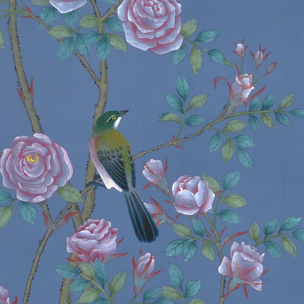 Américain Papier peint mural bleu Roses Chinoiserie en vente