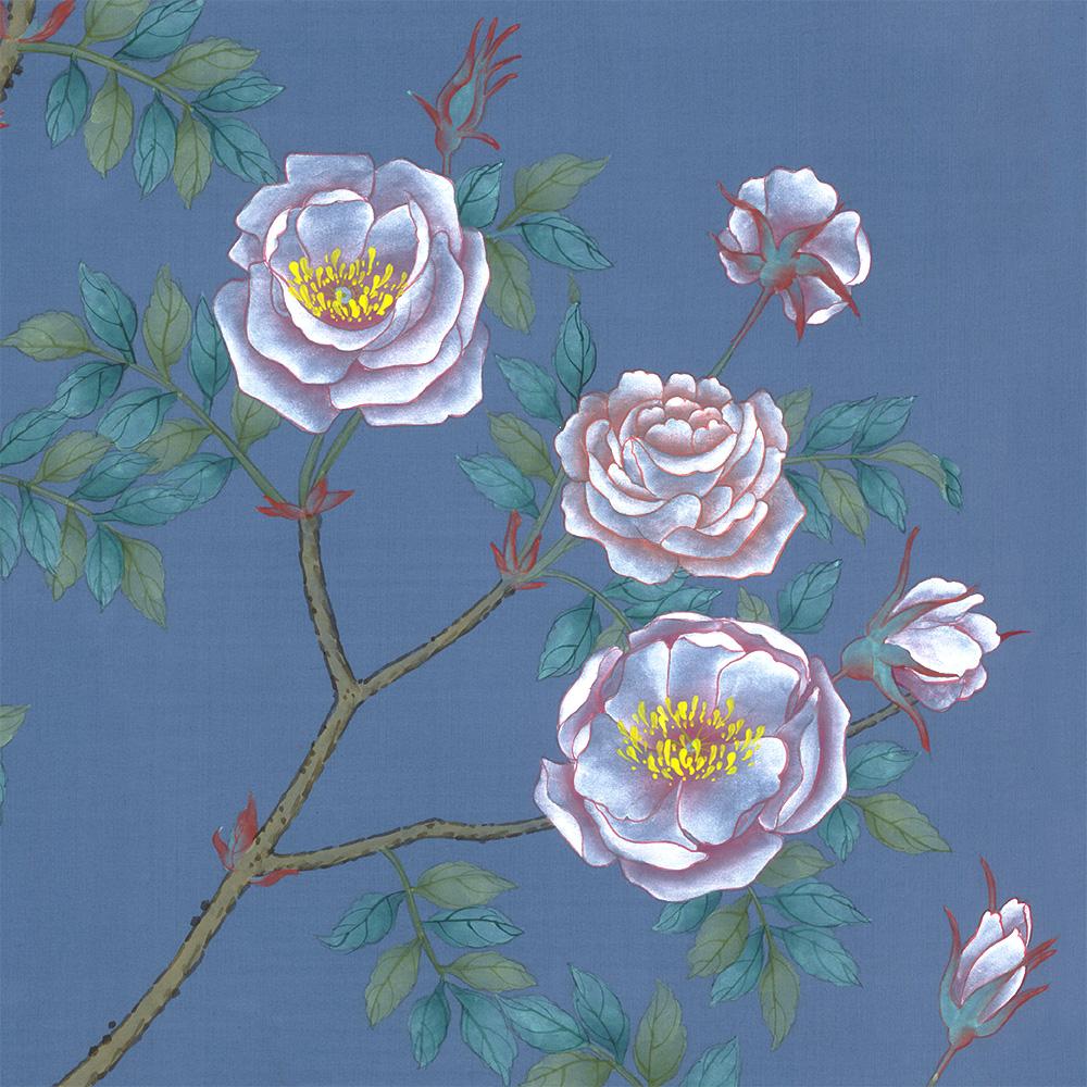 Contemporary Roses Blue Chinoiserie Mural Wallpaper For Sale