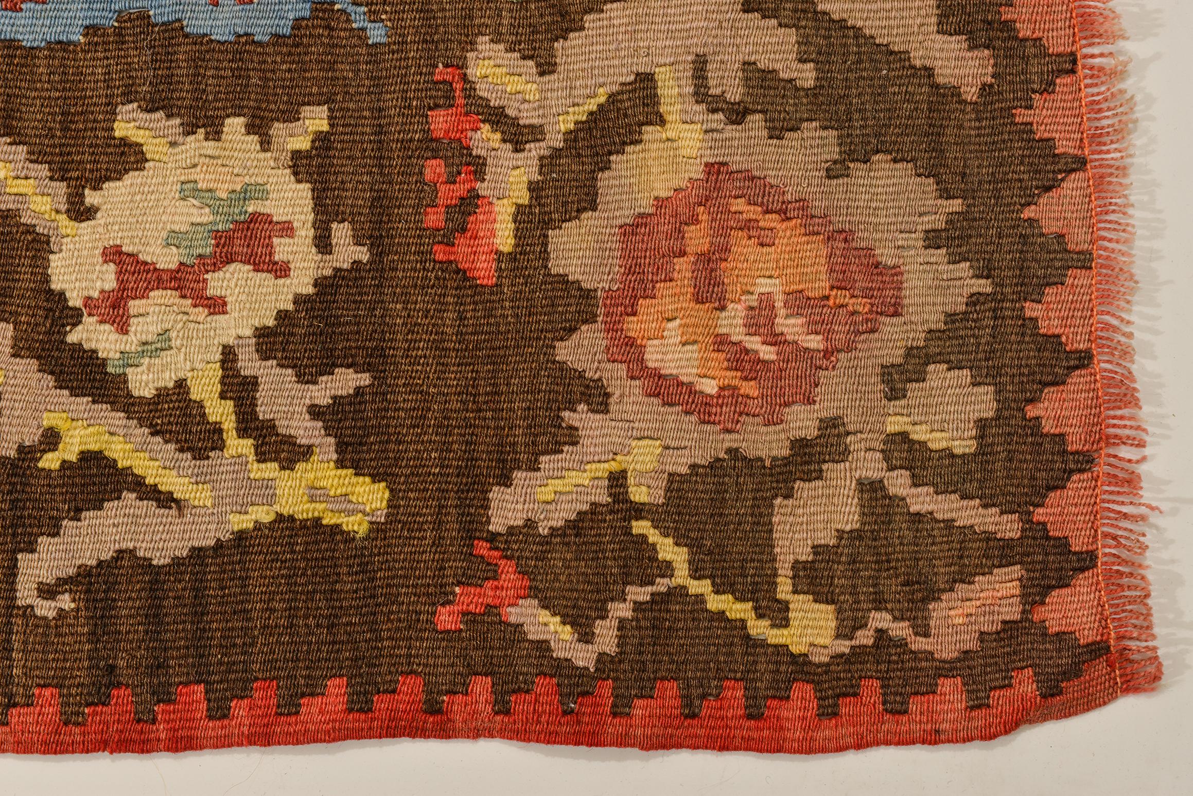 20th Century Roses Flat-Wave Old Runner Kilim Rug