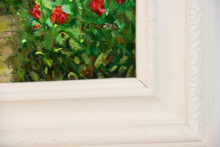 #5-3366, English  garden, a green lush impressionist painting, acrylic on board set in a white-wood frame, signed by Latouche. Image size: 12.50 H x 15.50.