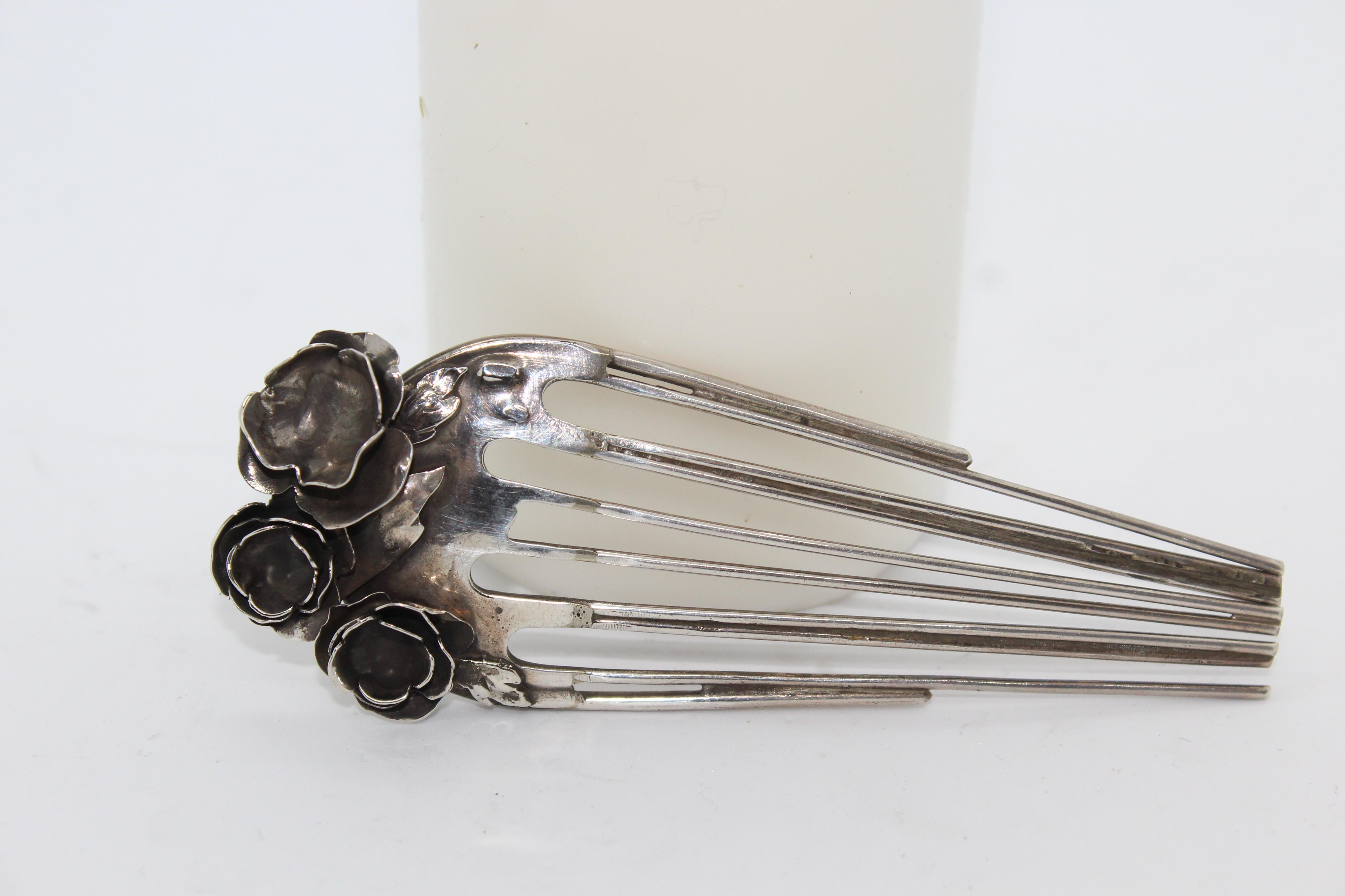Artist Roses Hairpin, Sterling Silver, Handmade, Italy For Sale