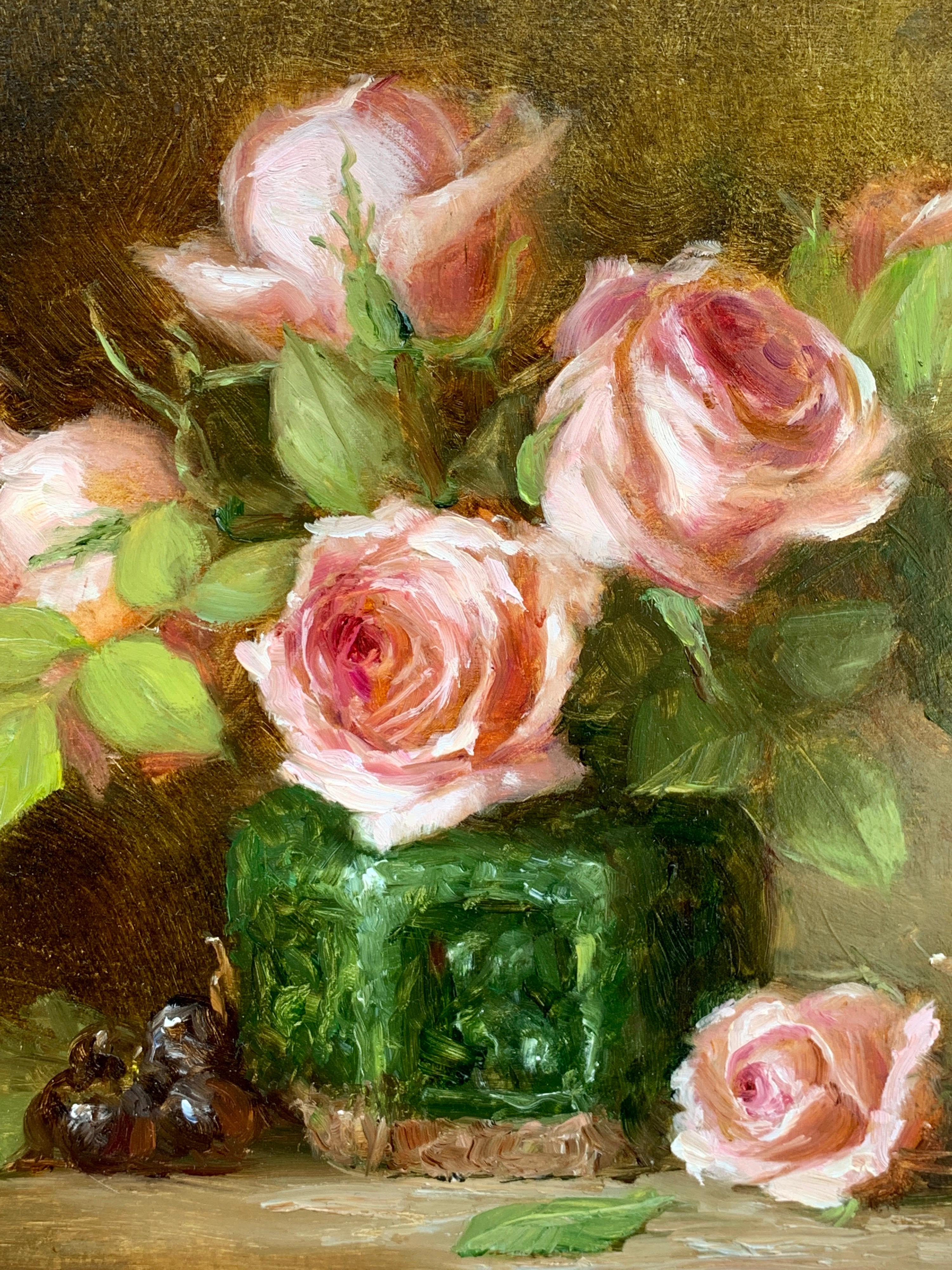 American Roses in a Green Chinese Export Jar Still Life by, Lucy Mazzaferro 