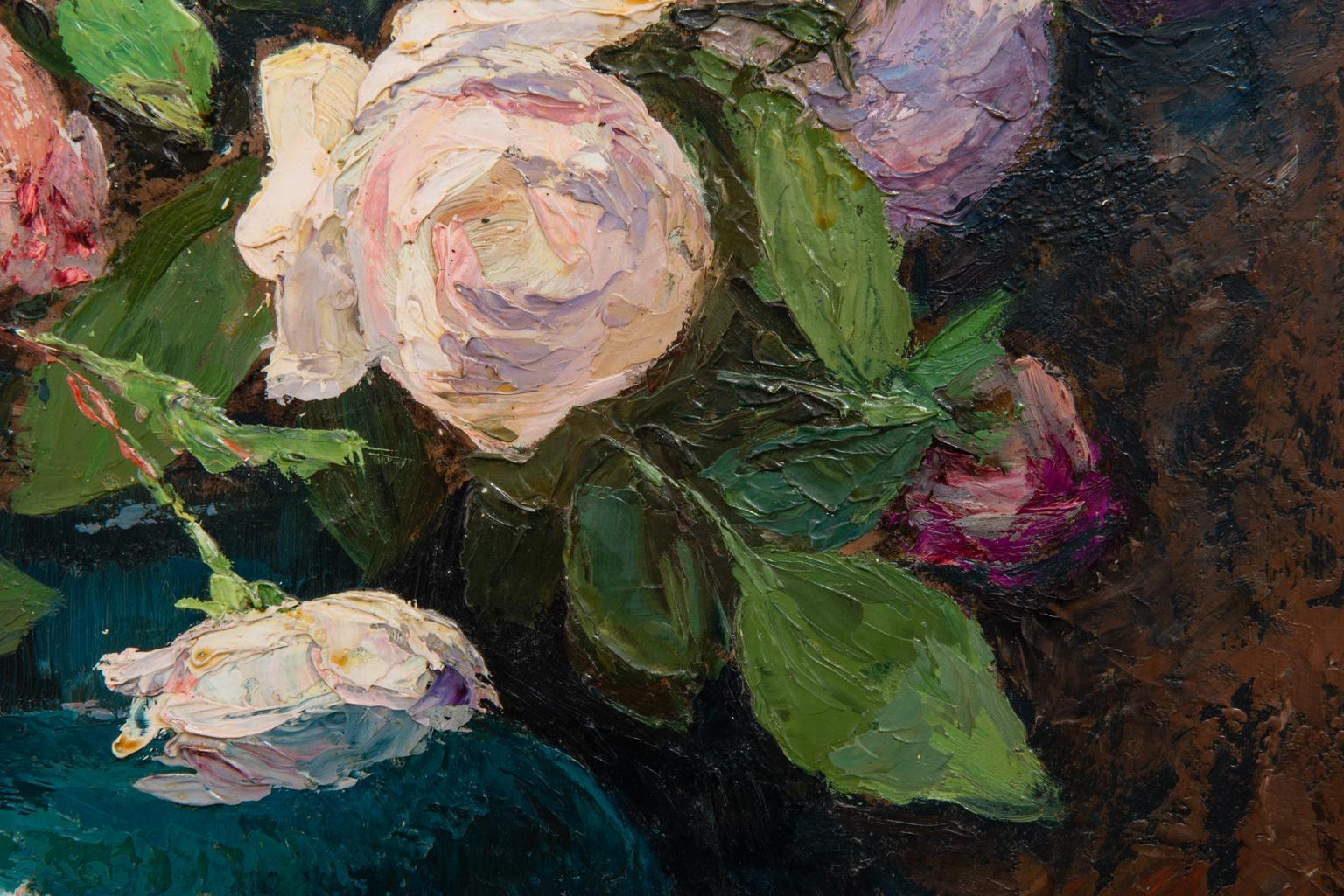Roses in Vase auf Tisch, signiertes Gemälde im Angebot 3