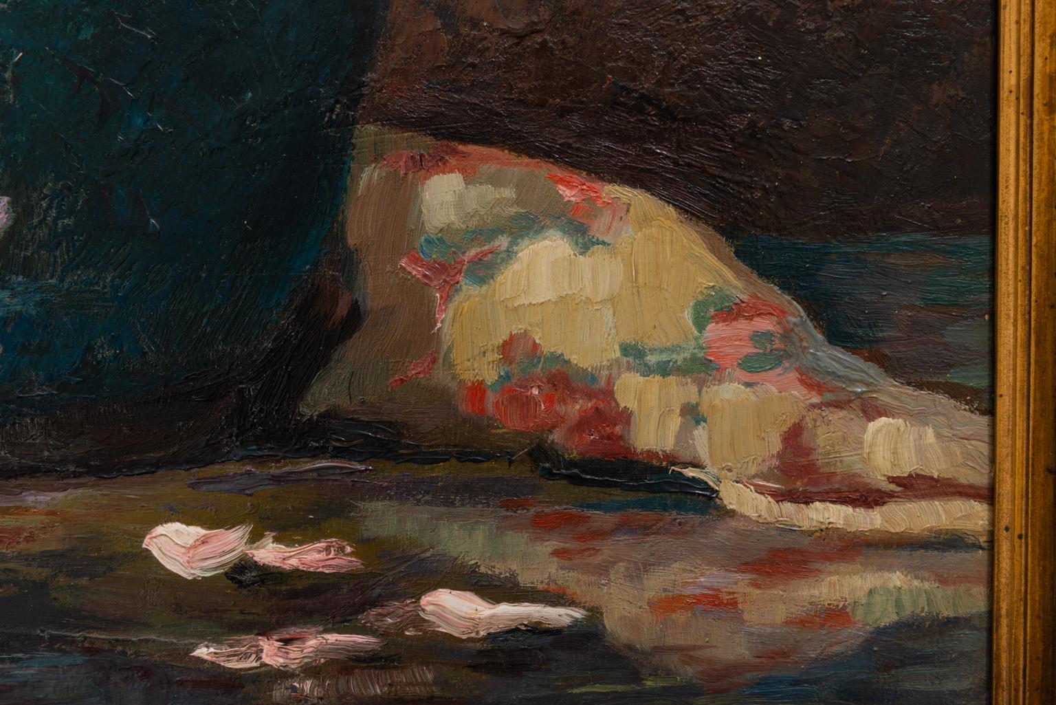 Rose in vaso blu su tavolo, Quadro firmato in vendita 5