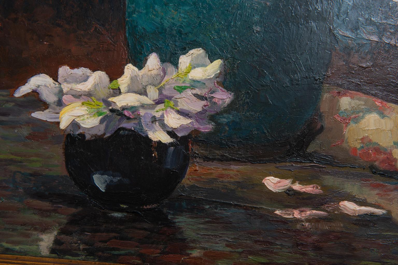 Huilé Roses dans un vase sur table, peinture signée en vente