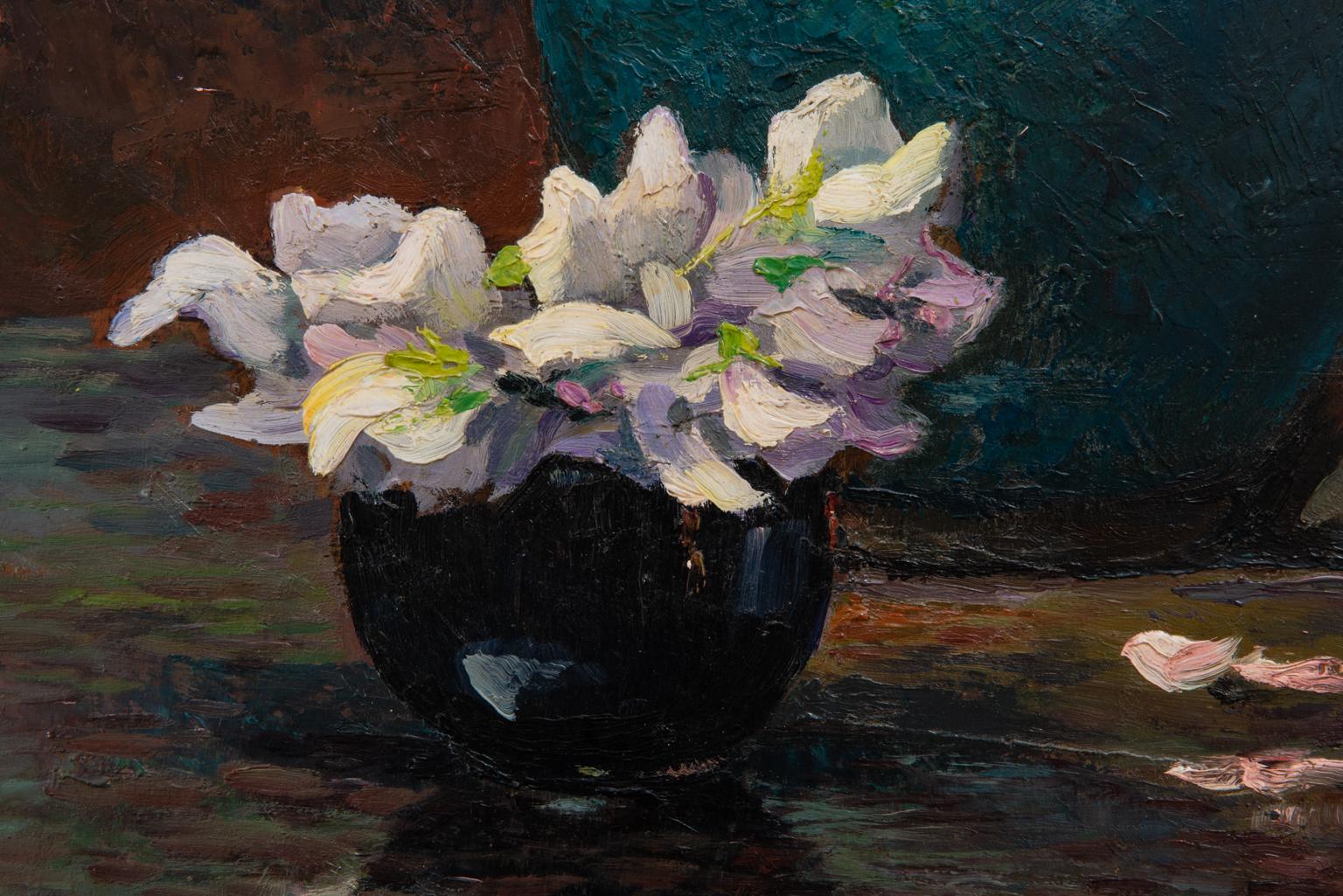 Roses dans un vase sur table, peinture signée Bon état - En vente à Alessandria, Piemonte